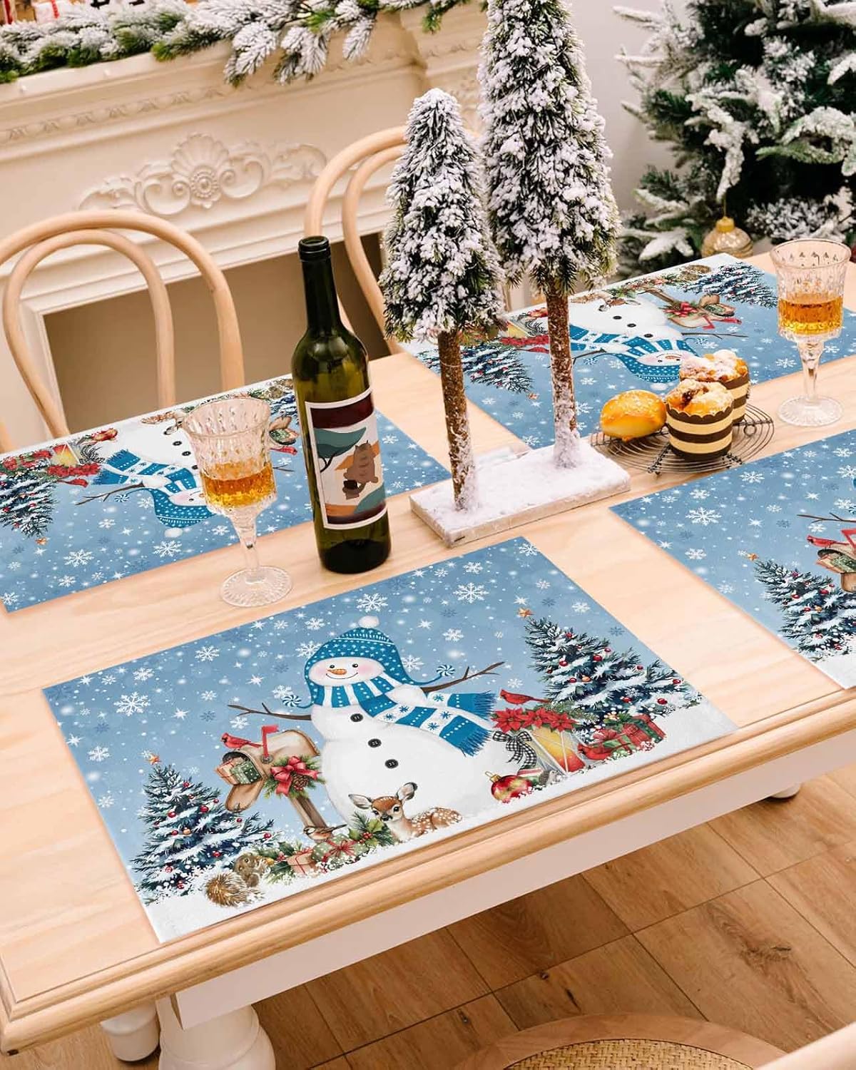 Blue Christmas Snowman Placemats Set of 4 Christmas Tree Elk Cardinal Bird Balls Snowflake Place Mat for Dining Table Washable Polyester Blue Xmas Kitchen Table Mat for Home Decorations
