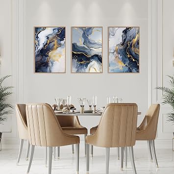 TOARTi Blue Abstract Framed Canvas Wall Art Set,Blue Golden Aesthetic Wall Decor,Navy Blue Gold Wall Painting,Neutral Modern Art Print for Living Room,Bedroom,Dining Room,Office12x16inchx3pcs