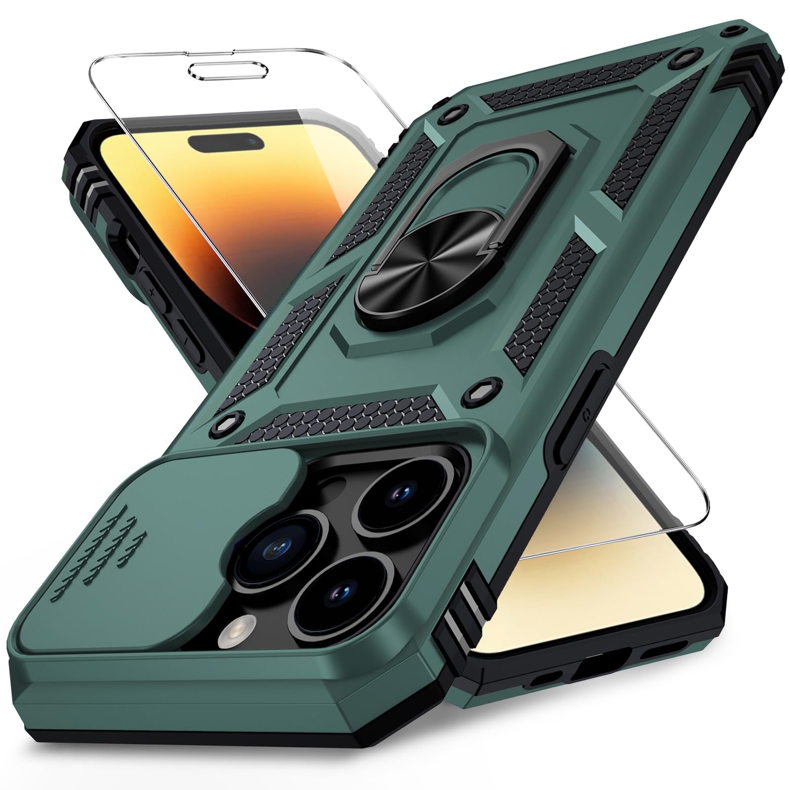 Vinve for iPhone 14 Pro Max Case with Slide Lens Cover HD Screen Protector, Military Grade Drop Protection, Magnetic Rotated Ring Holder Kickstand