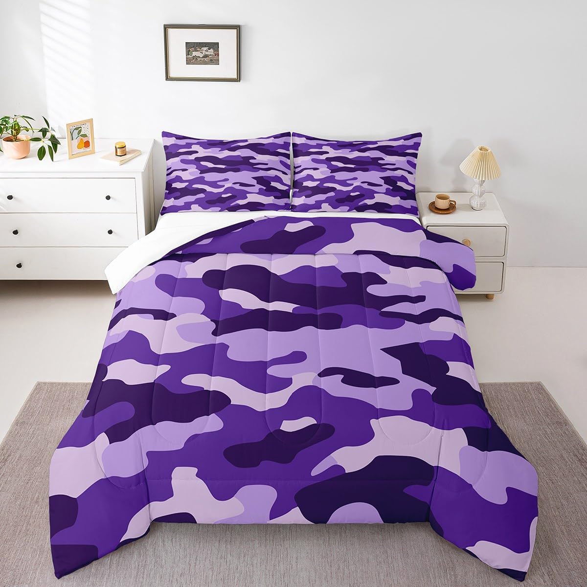 Feelyou Army Camouflage Comforter Boys Teens Camo Bedding Set Kids Men Military Comforter Set Girls Colorful Room Decor Purple Camouflage Quilt Duvet Set for All Season King Size Boys