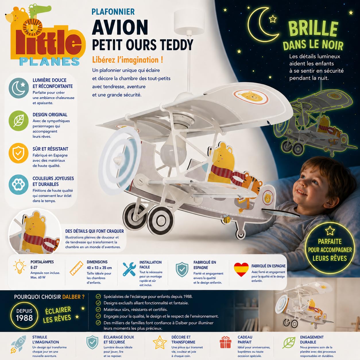 Dalber Lustre Chambre Lampe Suspension Enfant avion Little Teddy ours gris animaux, 54522, E27-15W, chambre d'enfants, brille dans le noir | E27 - 15 W ; chambre d'enfant ; lampes pour enfants ; brille dans le noir ; Teddy