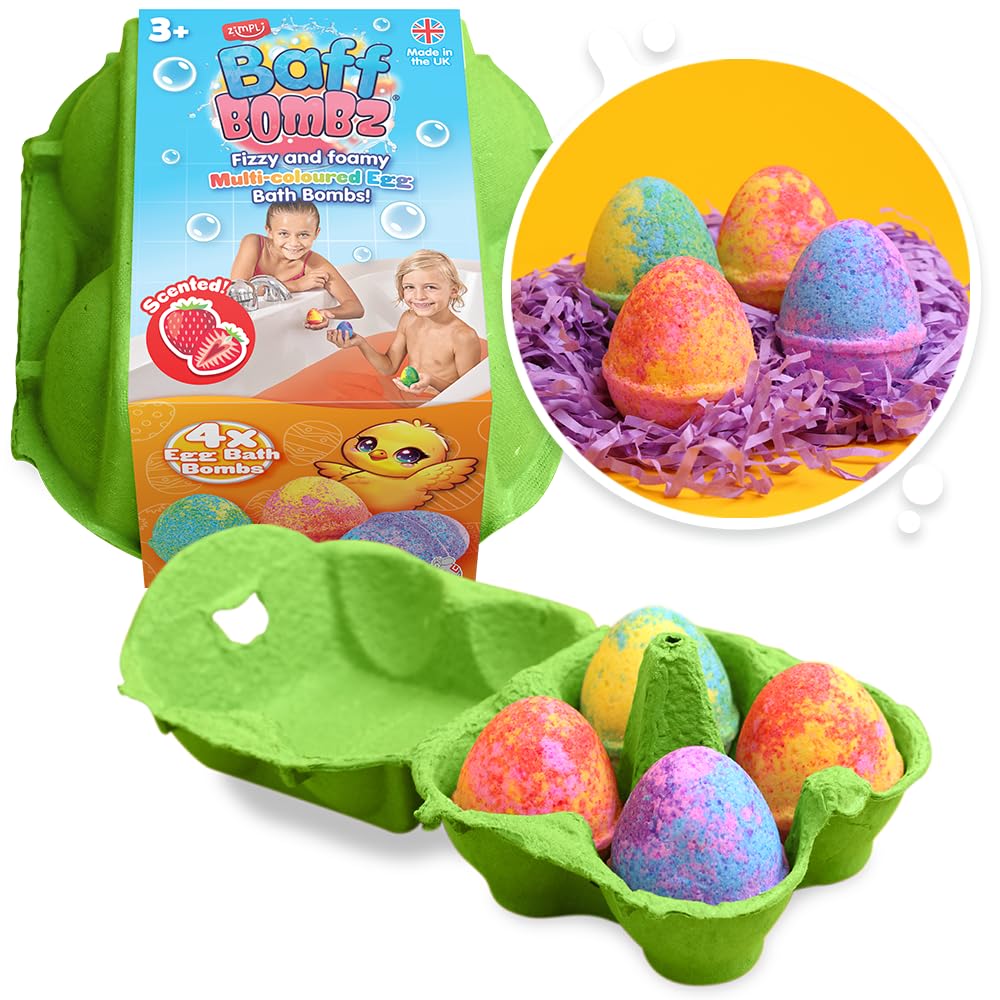 ZIMPLI - 4 x musujące kule do kąpieli Egg Baff Bombz, alternatywa dla wielkanocnych słodyczy, nawilżający zestaw kul do kąpieli, wielkanocny prezent dla chłopców i dziewczynek w wieku 4–9 lat