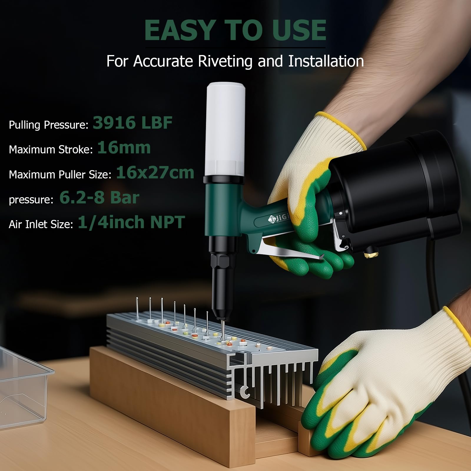 JiGiU Zestaw szczypiec do nitowania na sprężone powietrze, pistolet do nitowania zrywalnego, z 5 ustnikami 2,4 mm, 3,2 mm, 4,0 mm, 4,8 mm, 6,4 mm, pistolet do nitowania pneumatycznego (zielony)