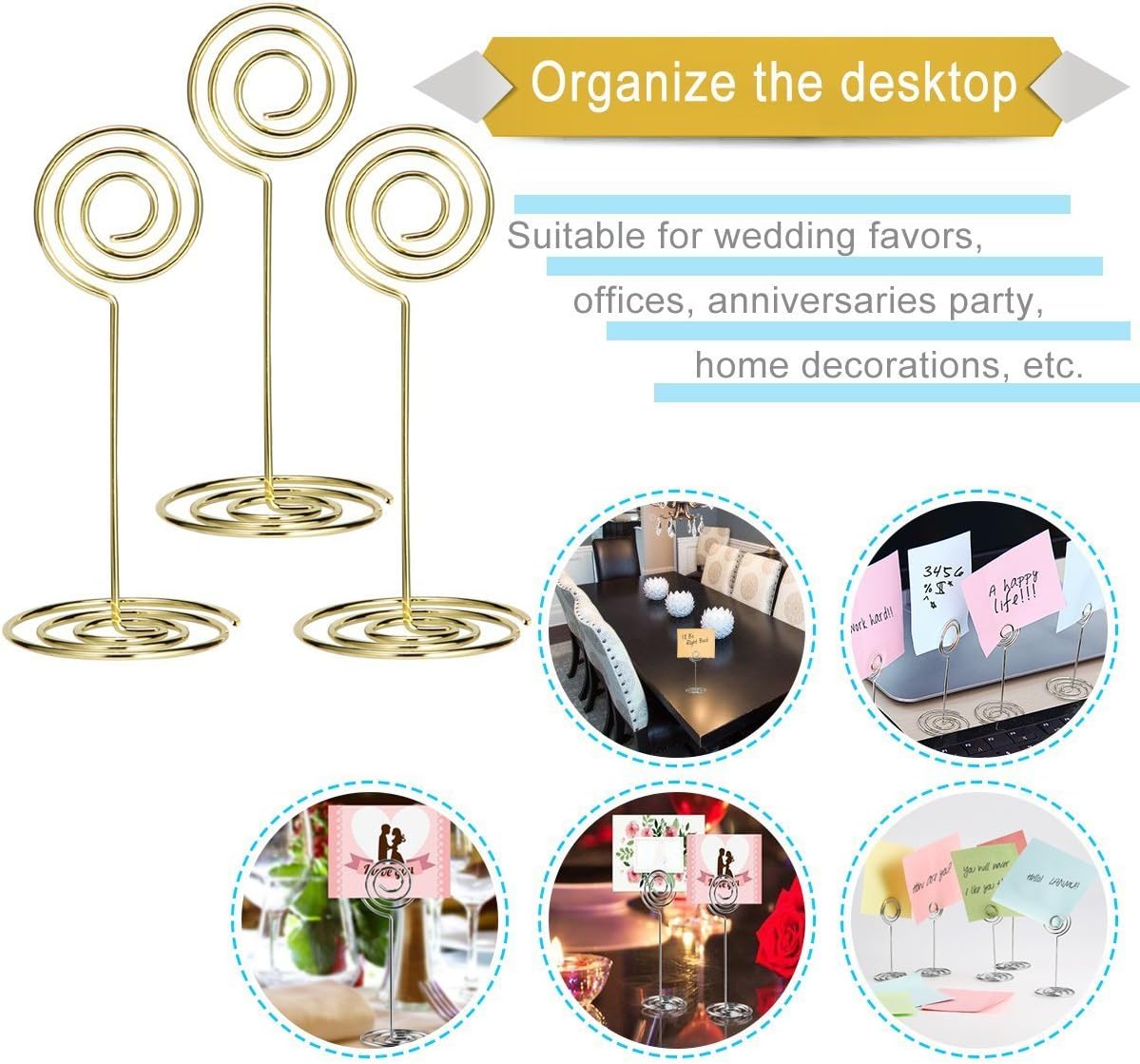 AIEVE Place Card Holders, 24 Pack Wire Shape Wedding Table Number Holders Table Card Holders Table Pictures Stand for Place Cards Wedding Party Office Desk Name Memo Menu Clips (Gold)