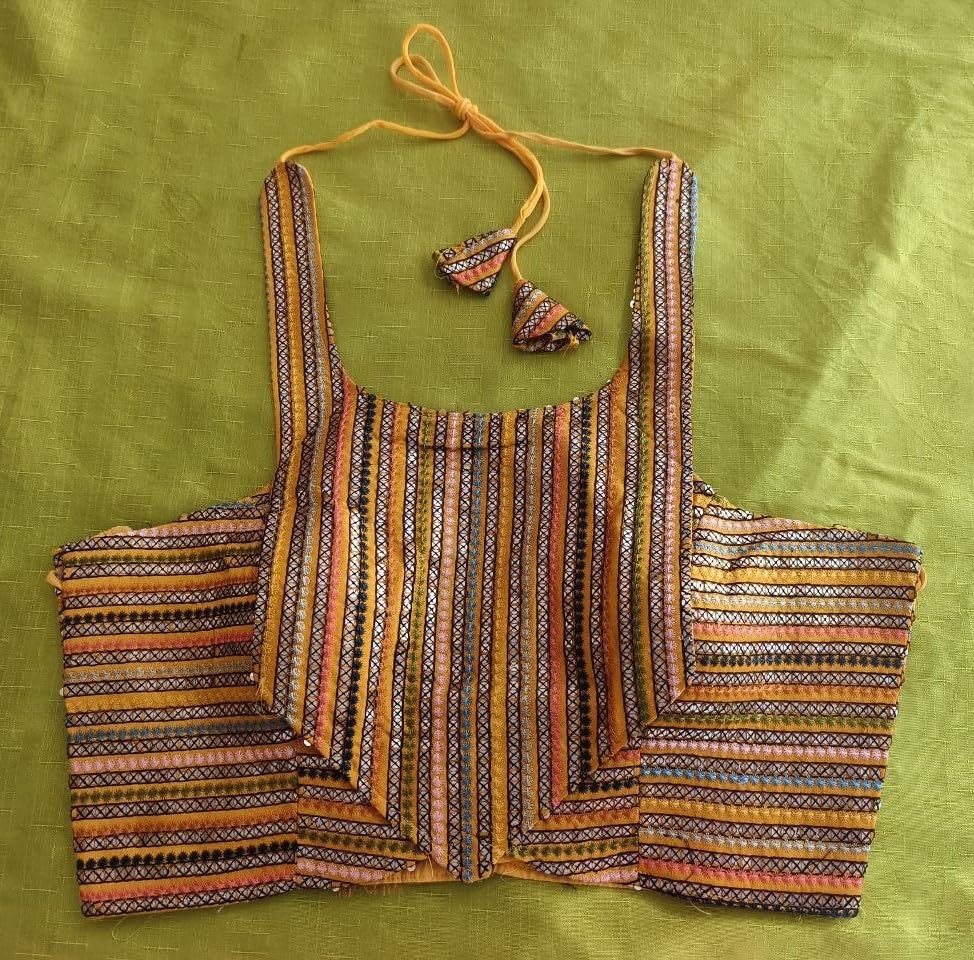 Pujia Mills Women's Sequin Embroidered Halter Neck Sleeveless Readymade Saree Blouse Indian Ethnic Designer Stitched Women's Readymade Saree Blouse Sleeveless Blouse Readymade Gold Blouse For Women