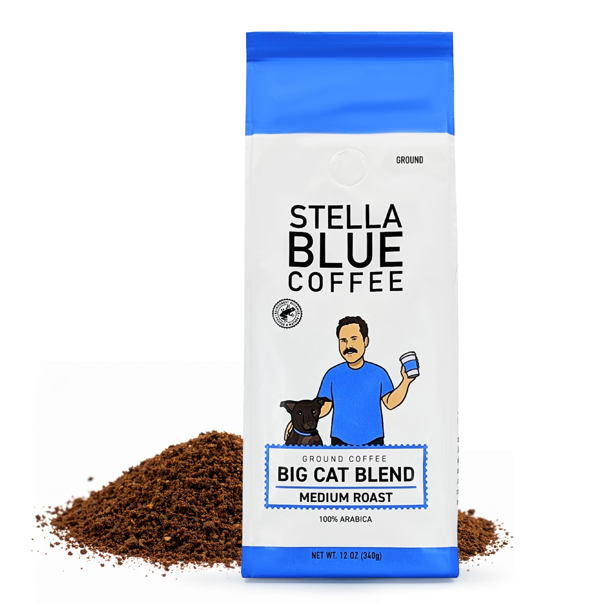 Stella Blue Ground Coffee, Big Cat Blend, Medium Roast, Caramel, Hazelnut and Fruity Notes, 100% Arabica, Ethically Sourced from Central and South America, 12 oz bag
