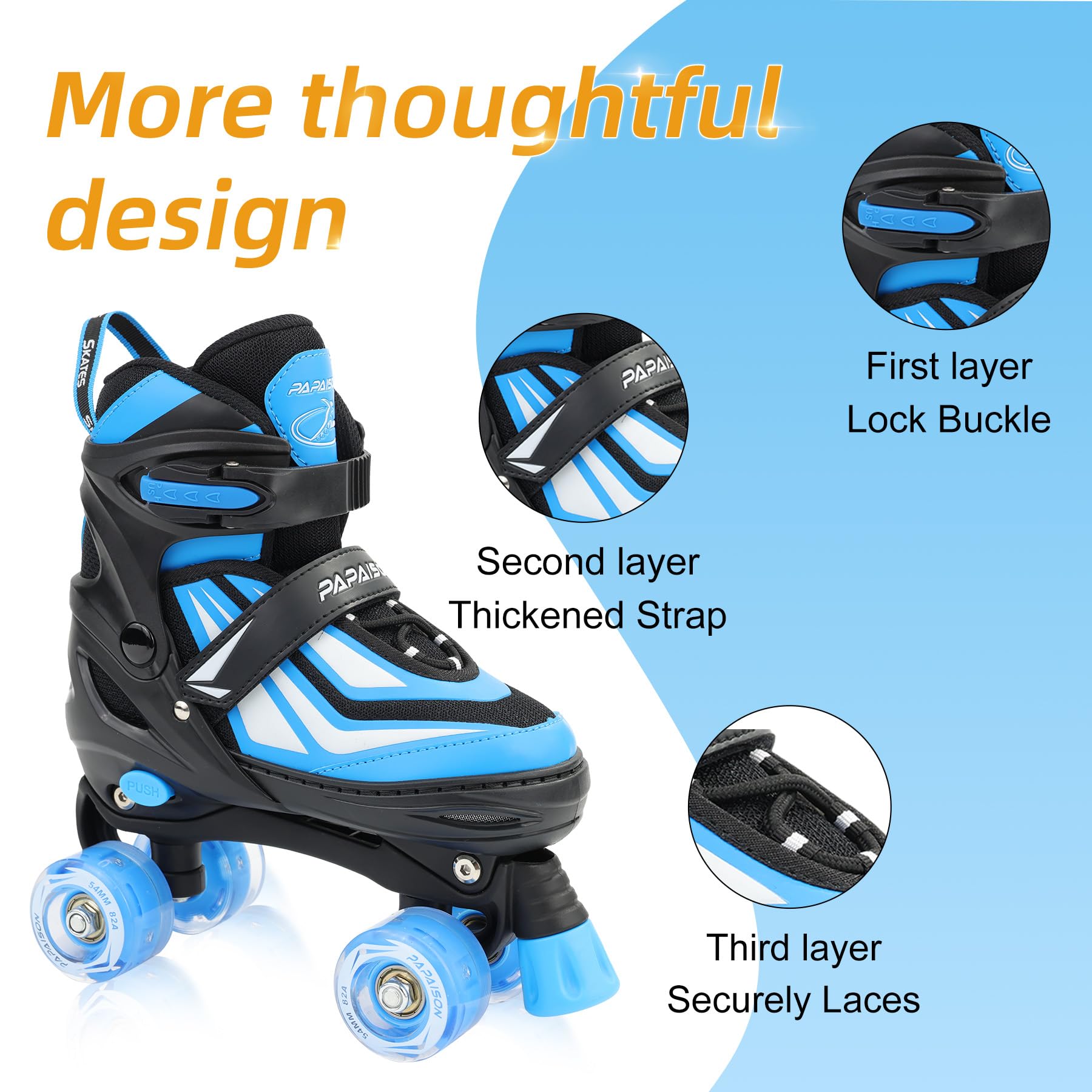 PAPAISON Kids Roller Skates for Boys Girls, 4 Size Adjustable Rollerskates with Light Up Wheels for Kids Ages 4-12