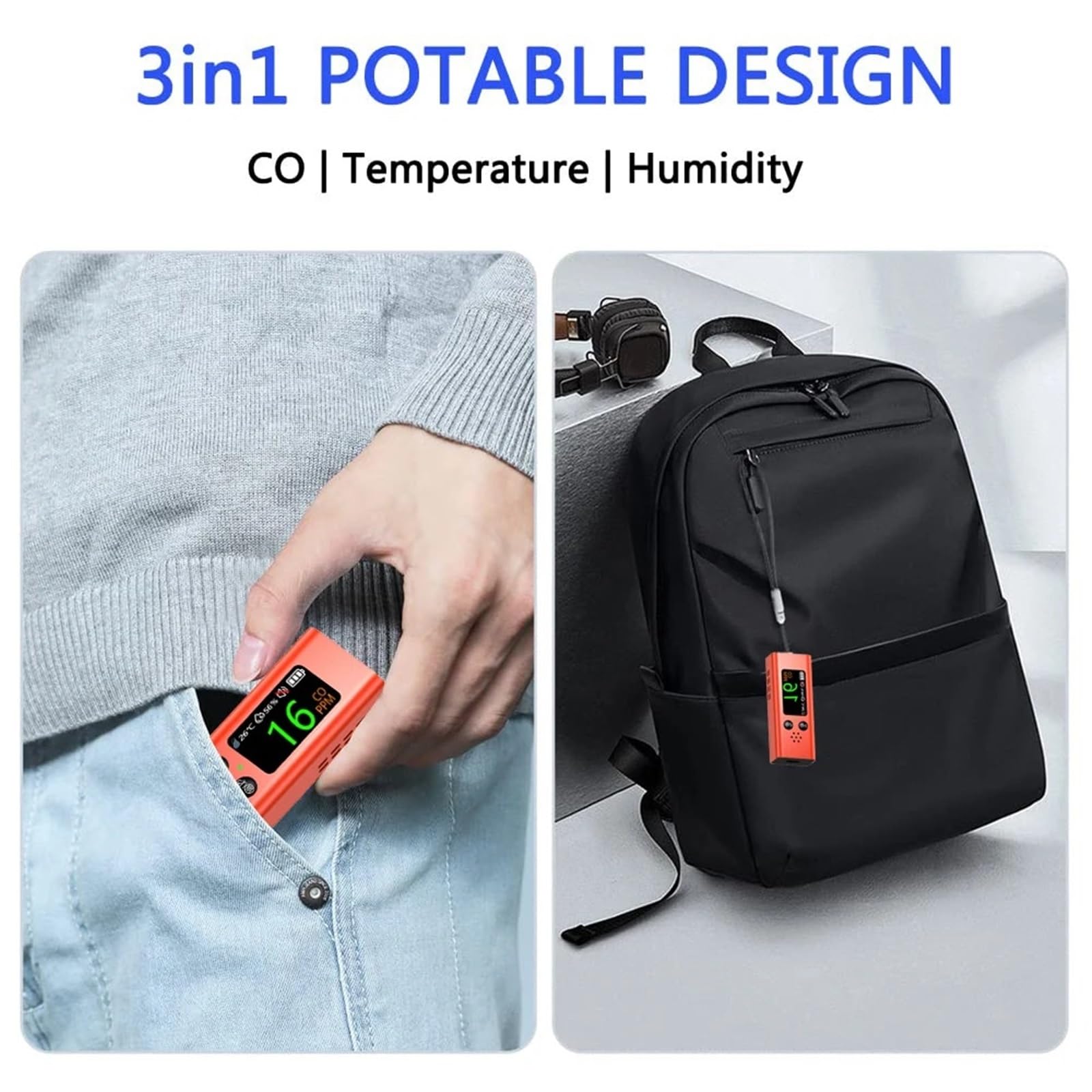 Détecteur de gaz, Détecteur de monoxyde Carbone Portable 3 en 1, Mini détecteur température/humidité Voyage précis et Rechargeable(Zwart)