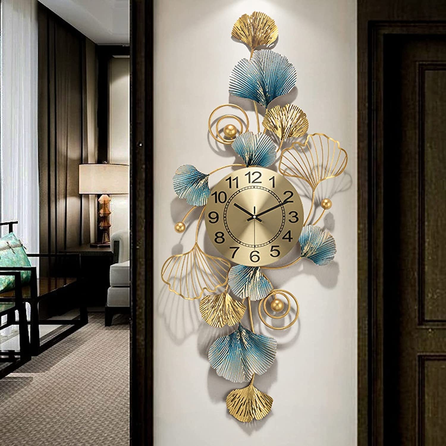 Wall Clock Modern Art Wall Clock Oversized Metal Ginkgo Leaves Wall Clock, Battery Operated Quartz Clock, Natural Art Decoration for Kitchen Dining Room Bedroom Wall Decor Clock, B 99x41cm