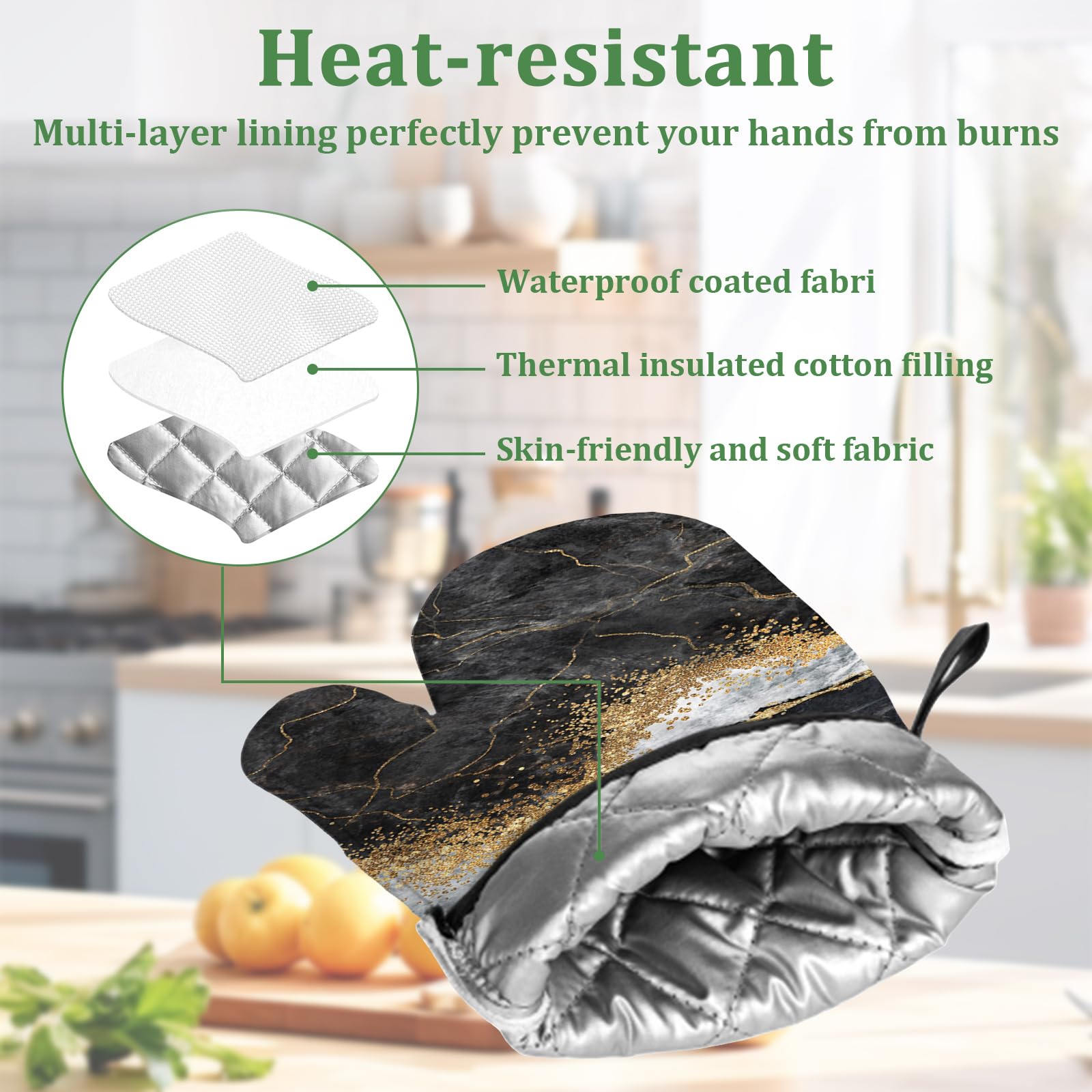 Ofenhandschuhe und Topflappen, Marmor, Schwarz, Weiß, Gold, 4 Stück, extra lang, hitzebeständig, Topflappen zum Backen, Grillen, Grillen