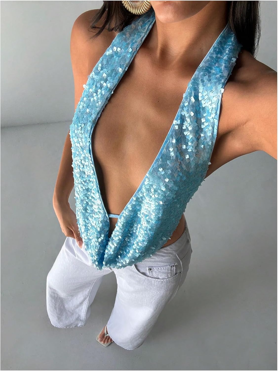 MakeMeChic Women's Sequin Open Back Halter Tops Sparkly Deep V Neck Draped Party Tank - Image 4