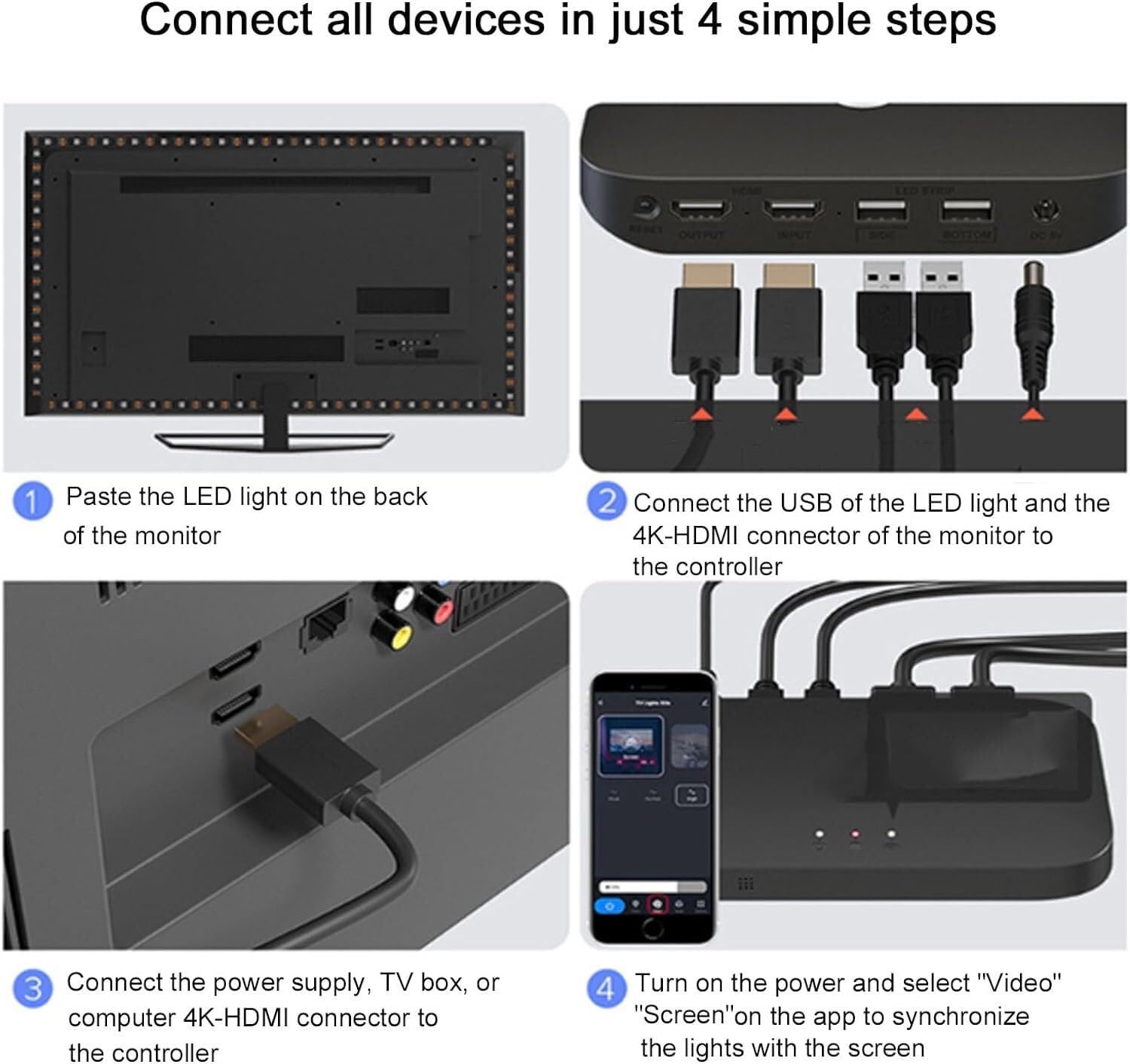 Luces LED para TV, retroiluminación, música, sincronización de Color, Tira de Luces LED Inteligente, con Caja de sincronización para música y Juegos (tamaño: 79" a 99")