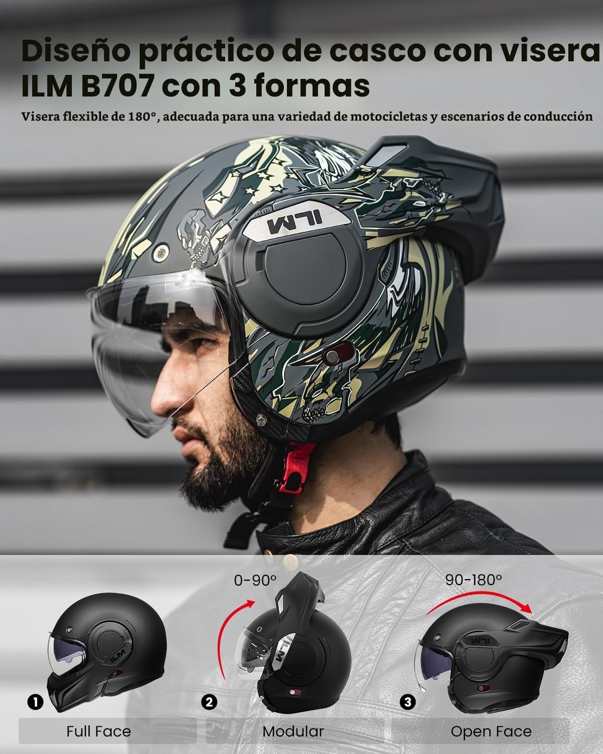 ILM Casco Moto Modular Integral para Hombre y Mujer ATV UTV con Mentonera Reversible 180 ECE Model-B707,Verde Militar, L