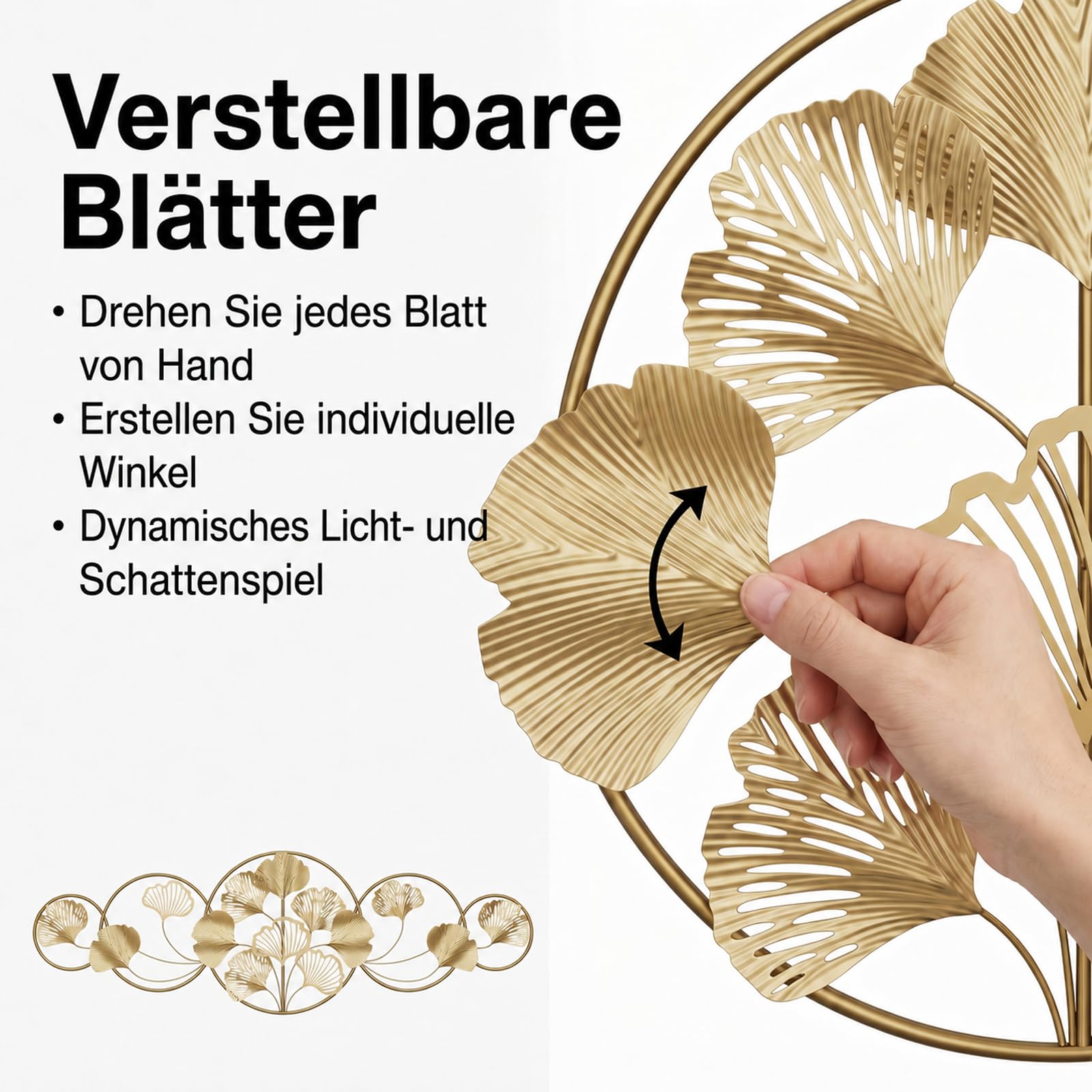 QHENS Wanddeko Ginkgo Gold, Wanddeko Metall Groß, Wand deko Wohnzimmer für Home Wall Art Dekoration, 3D wanddekoration Gingko, Blatt Einstellbar, 128x43CM