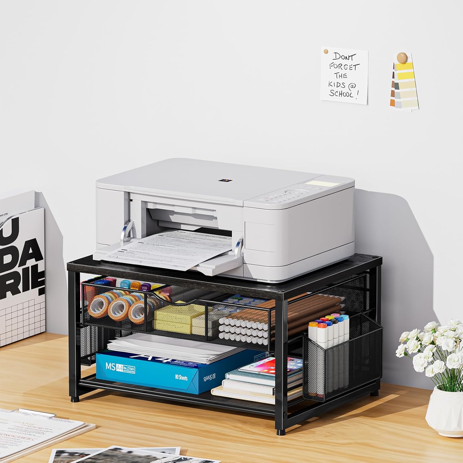 Marbrasse Wood Printer Stand for Desk, 2-Tier Desktop Printer Table for Home Office, Printer Stand with Storage Drawer 2 Pen Holders, Multi-Purpose Desk Organizer for Fax Machine Scanner (Wood Black) image 2 of 7 B0FGH8F9YY