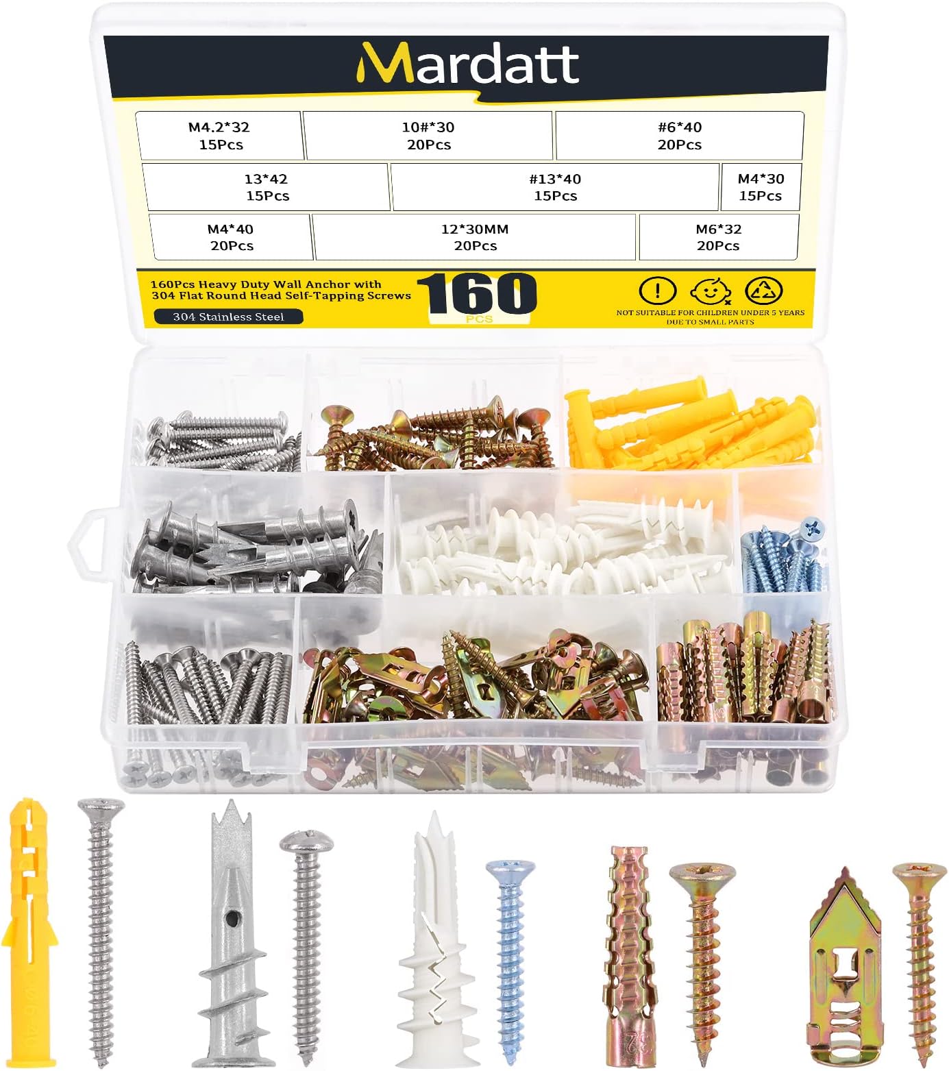 Mardatt 180Pcs Drywall Self-Drilling Anchors with Screws Kit Includes Heavy Duty Ribbed Anchors and Flat & Round Head Self Tapping Screws Wall Anchor for Concrete Hollow Wall Plaster