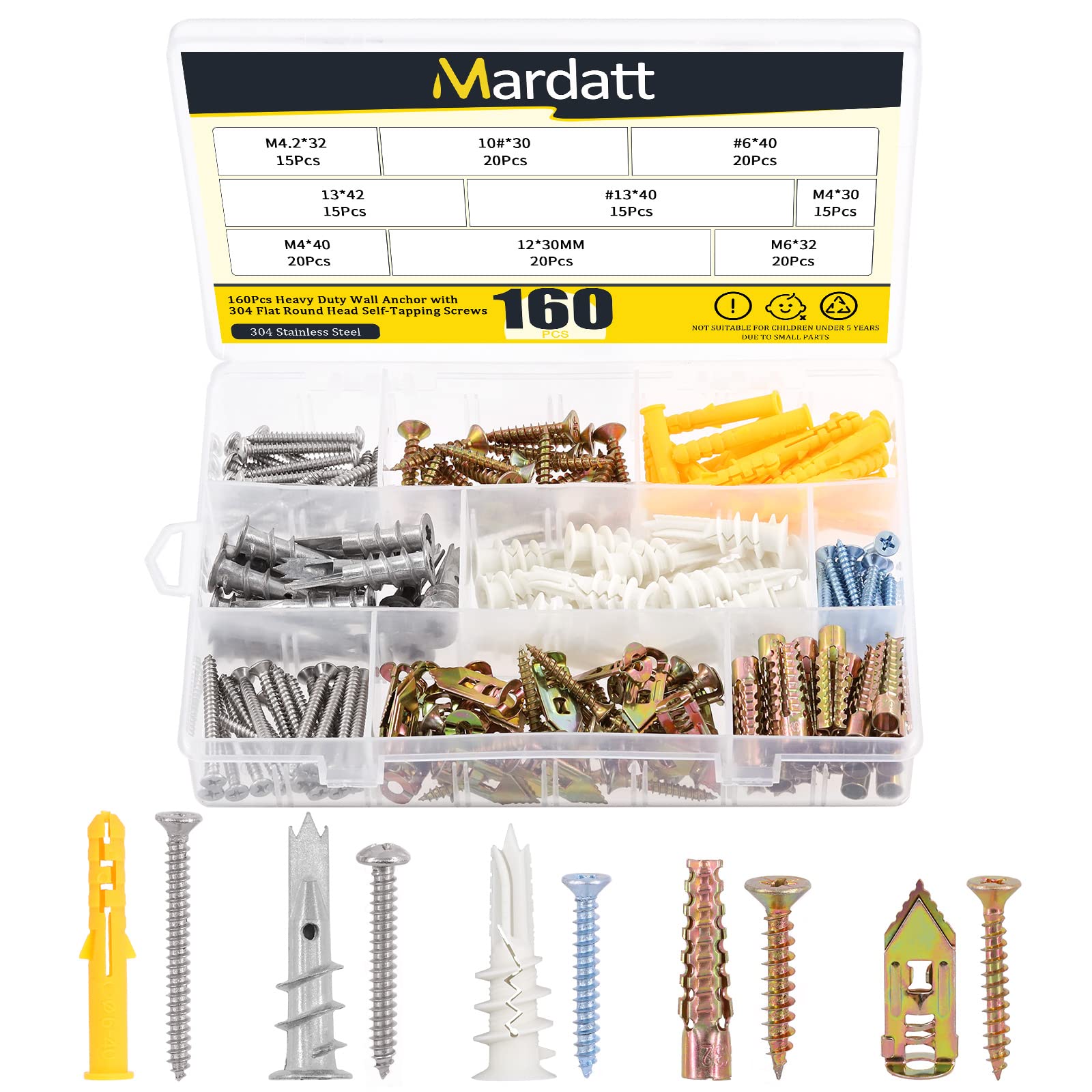 Mardatt 180Pcs Drywall Self-Drilling Anchors with Screws Kit Includes Heavy Duty Ribbed Anchors and Flat & Round Head Self Tapping Screws Wall Anchor for Concrete Hollow Wall Plaster