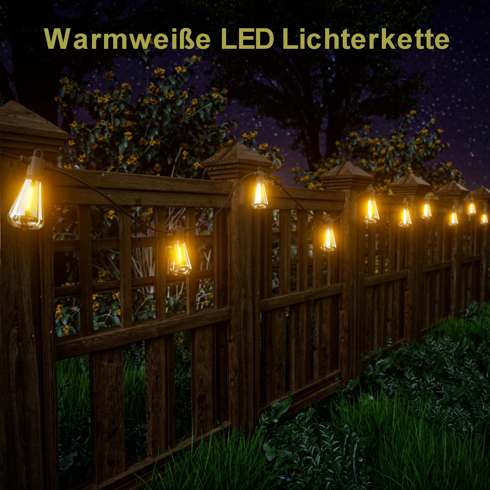 Kawaya Lichterkette Außen 30M Wasserdicht IP65, 50+2 ST38 Birnen | Lichterkette Glühbirnen LED, Lichterkette Garten Deko für Terrasse, Bäume, Hochzeit, Party, Festival, 2700K Warmweiß