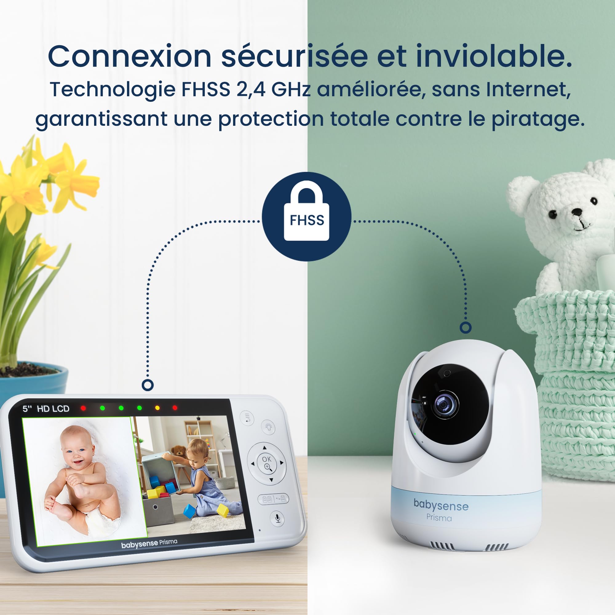 Babysense Prisma Babyphone avec Caméra et Audio, Babyphone Vidéo HD 5", Veilleuse 6 Couleurs, Écran Divisé, Machine à Son pour Bébé avec Bruit Blanc et Berceuses, sans WiFi