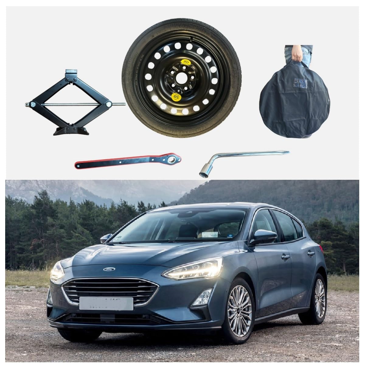 Kit de roue de secours 16" compatible avec Ford Focus (2018>) avec Cric, clé et sac 125/85R16