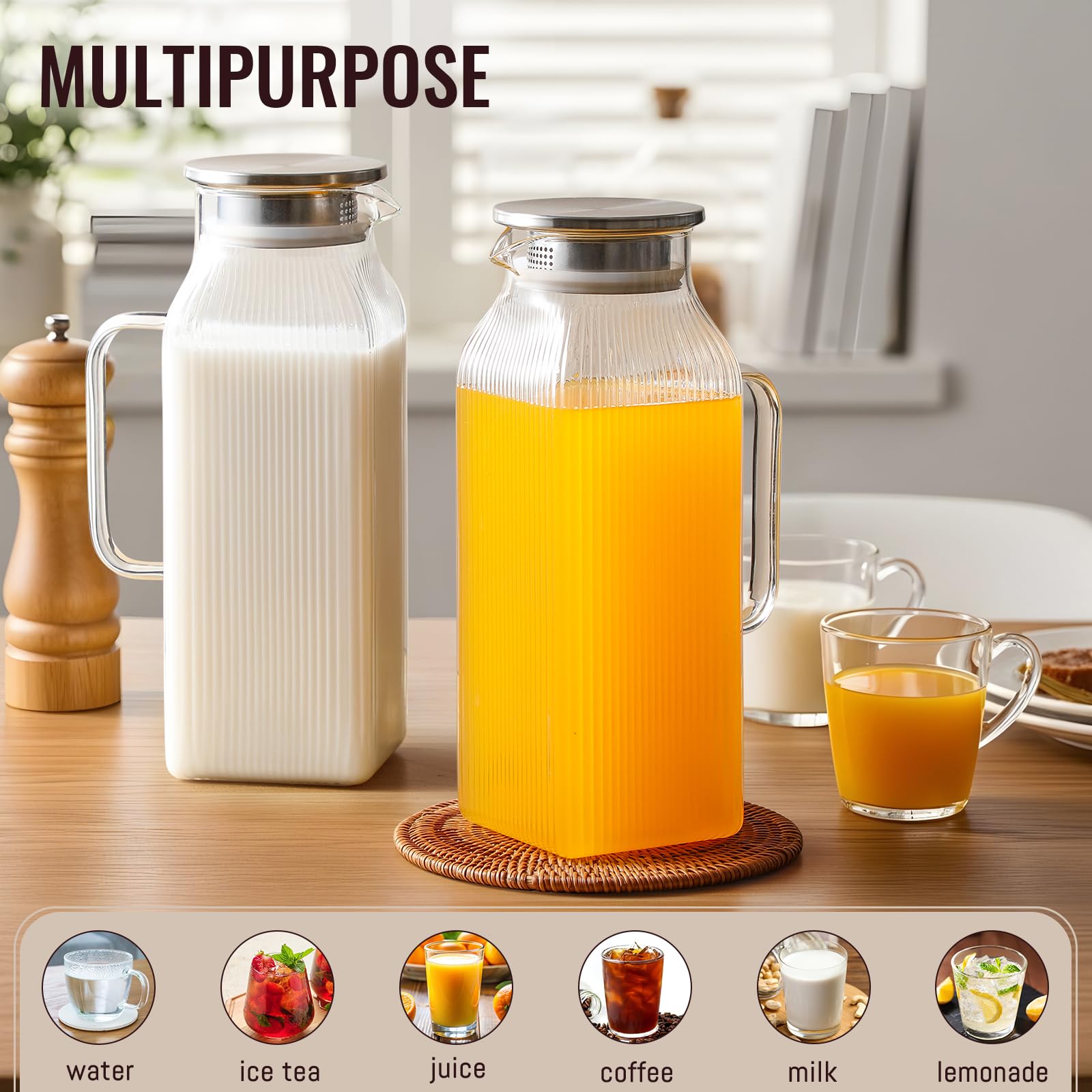 Confezione da 2 brocche quadrate in vetro da 2 litri con coperchio, classiche a righe con manico per frigorifero, brocca grande per tè freddo, caffè, caraffa in vetro borosilicato per bevande calde