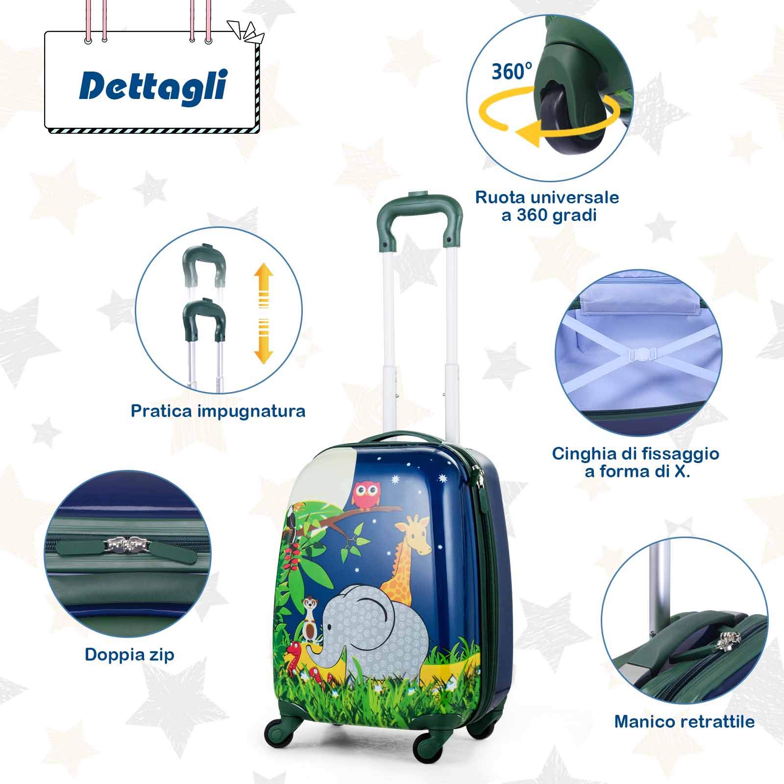 RELAX4LIFE Set Valigia Bambini 2 in 1 Animali Selvatici Blu Notte (Trolley16 + Zaino 12") con Ruote 360°, Maniglia Regolabile, Zaino con Piedini|ABS Resistente|Ideale per Viaggi e Scuola
