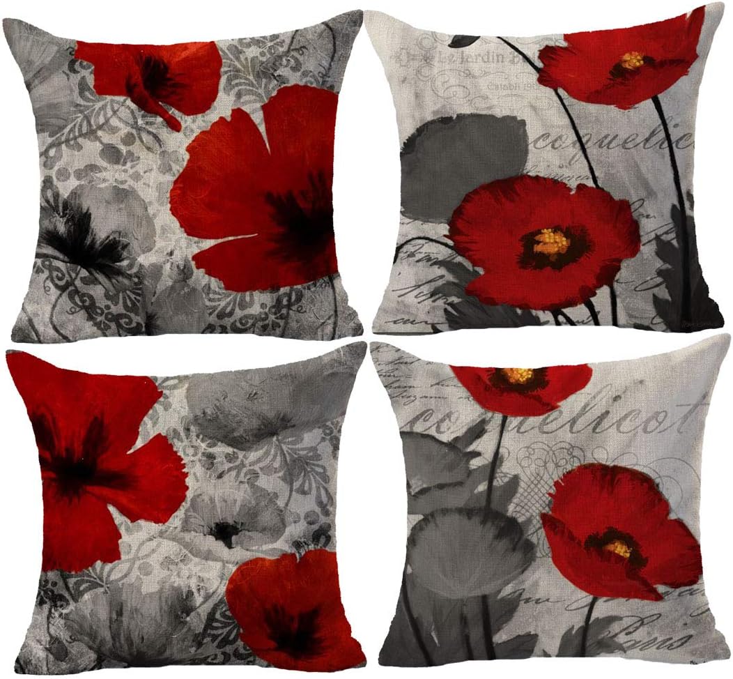 Bnitoam Set of 4 Plant Beautiful Poppy Red and Gray Background Cotton Linen Throw Pillowcase Couch Pillow Cover Square 18x18 inch Decorative Pillow for Family Birthday