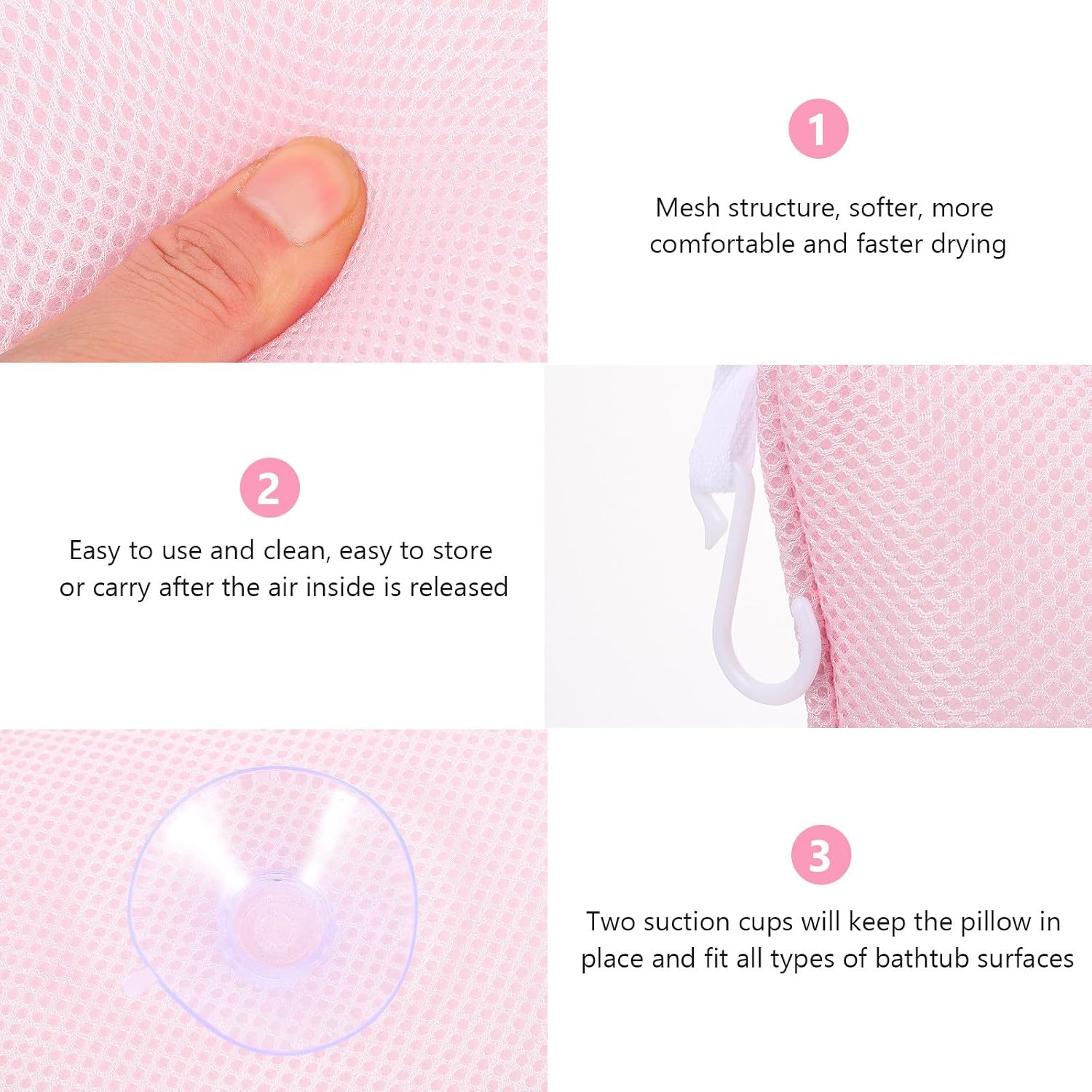 NOLITOY 3D Mesh Bath Tub Pillow with Suction Cups, Pink Neck and Head Support Cushion for Spa and Soaking Bathing Accessories