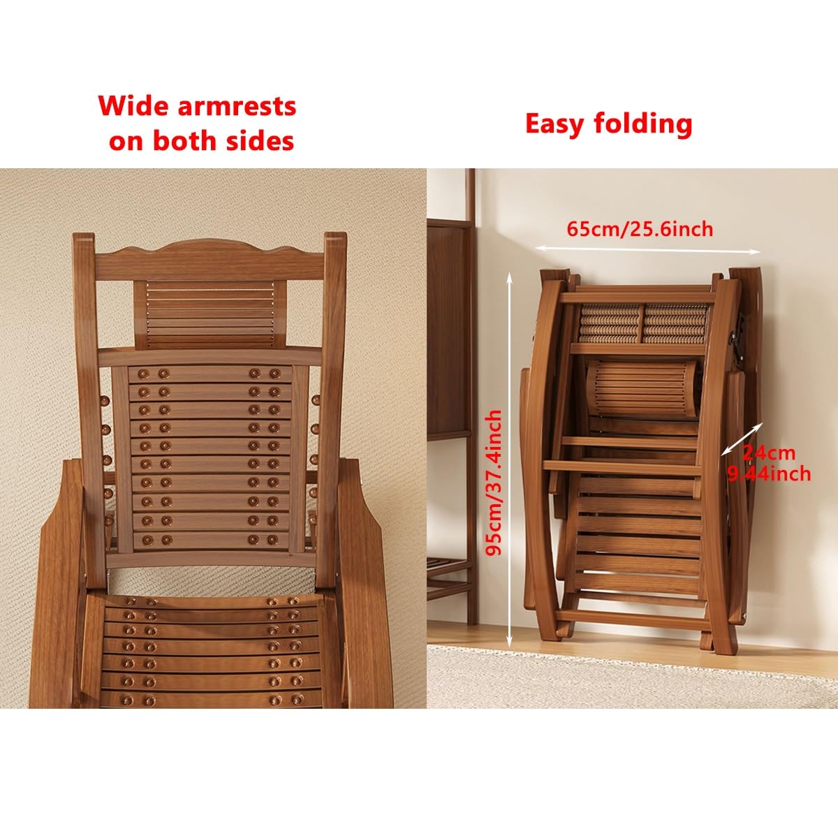 Drewniany Składany Fotel Bujany Leżaki Bujane Bambusowe Krzesło Ogrodowe Dla Osób Starszych, Krzesła Patio Podnóżek I Podłokietnik, Ergonomiczne Regulowane Oparcie (Color : Light Brown, Size : Walnu