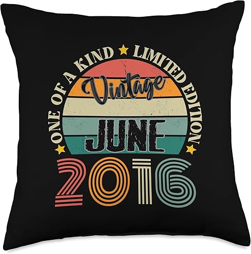 8 Year Old Vintage June 2016 8th Birthday Retro Throw Pillow, 18x18, Multicolor