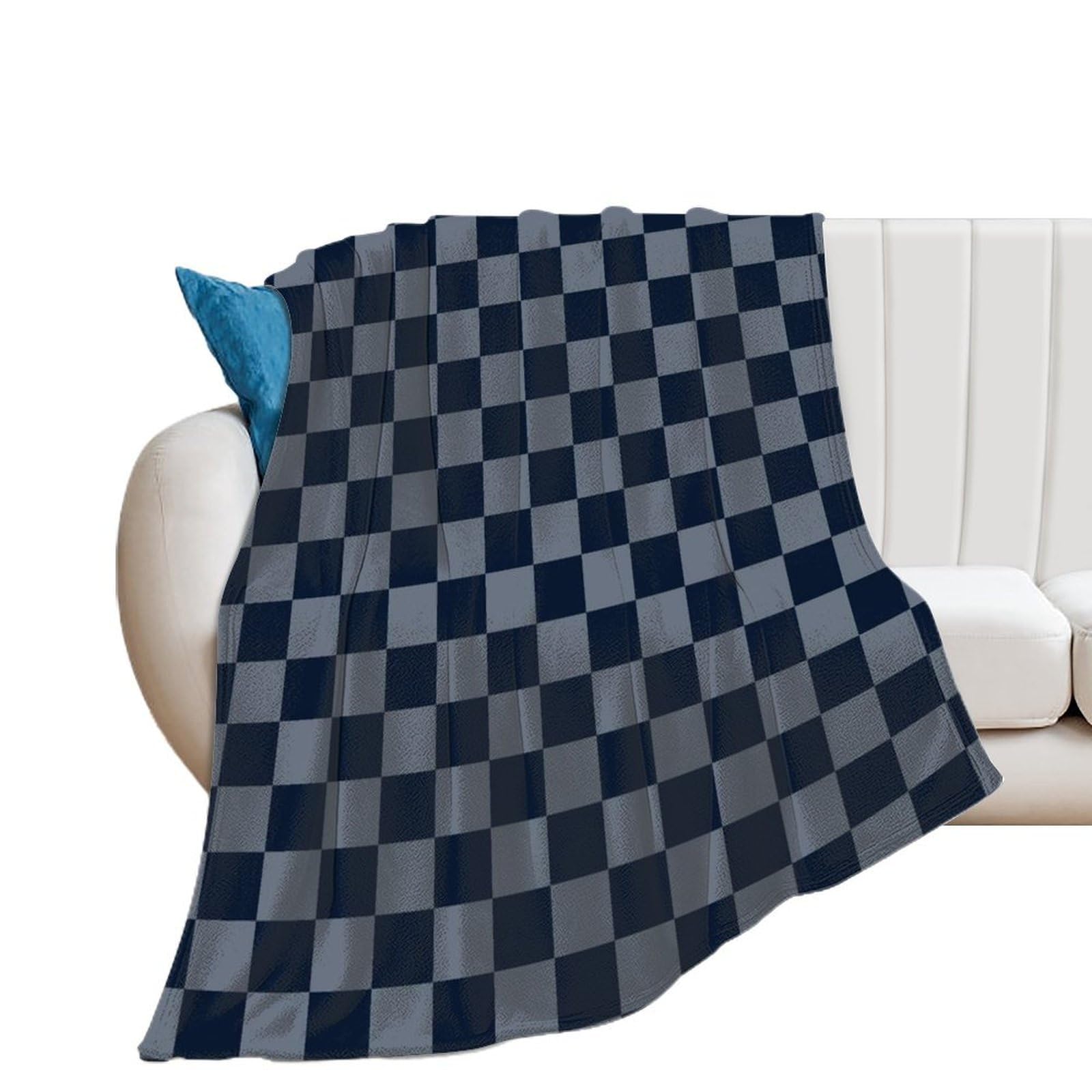 Plaid écossais bleu marine gris grand format lavable pour lit et canapé
