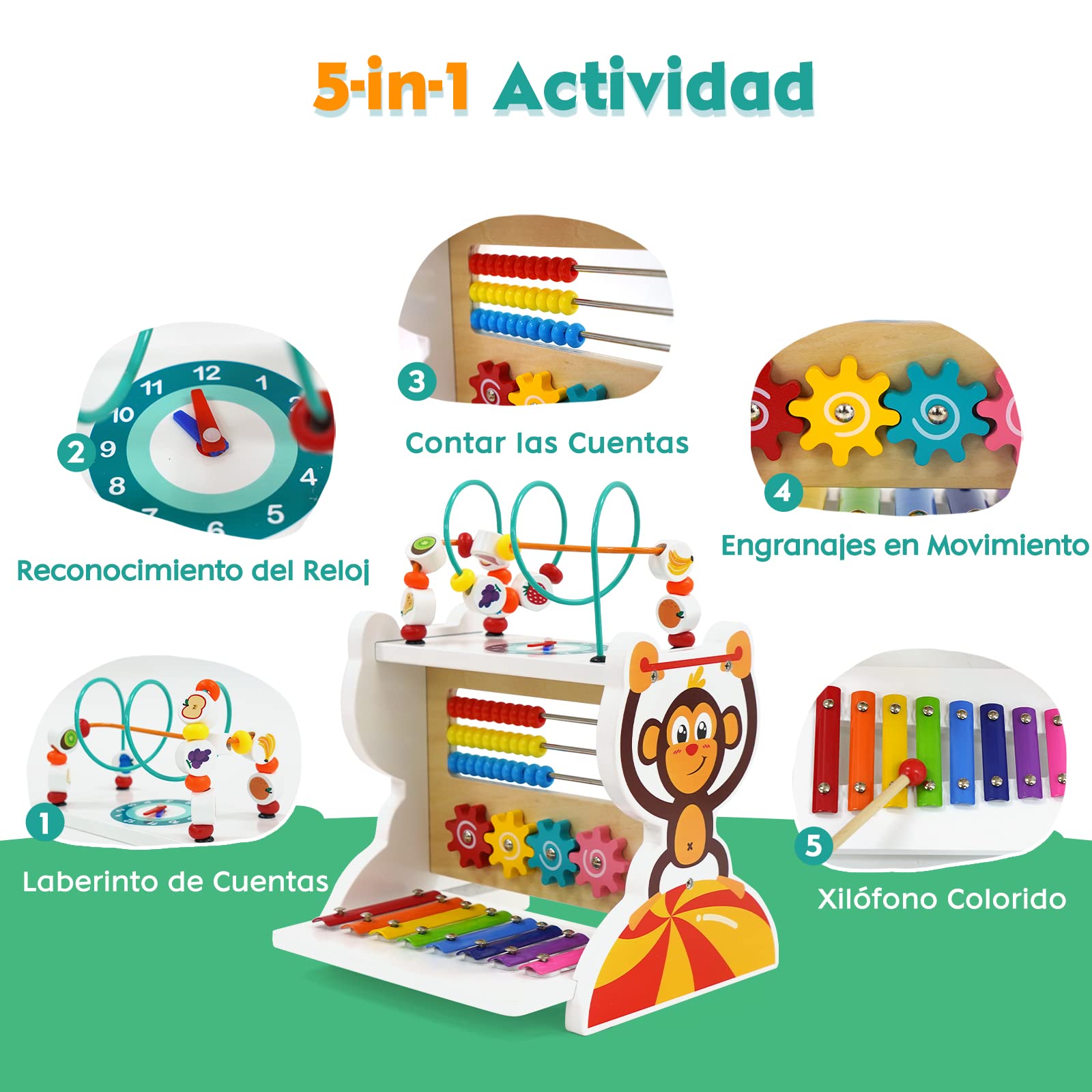 Juguete Cubo de Actividades de Madera para Bebés 5 en 1:Juguete Xilófono, Ábaco, Laberinto de Perlas, Engranajes, Reloj: Instrumento Musical para Niños de 1 a 5 Años