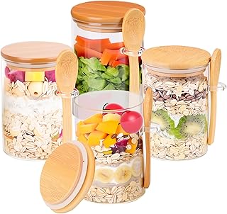 Overnight Oats Containers with Lids and Spoon [Thickened Version], Glass Jars with Bamboo Lids, 4 Pack 18 ozOatmeal and Salad Meal Prep Containers,Chia Seed Pudding Jars