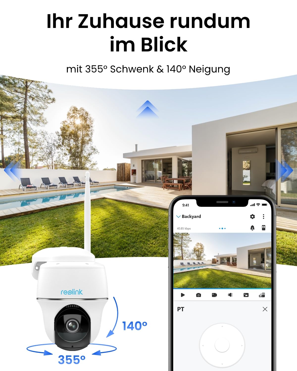 Reolink 4MP Überwachungskamera Aussen Solar mit 355°/140° Schwenkbar, 64GB inklusive, WLAN Kamera Outdoor Akku, Personen-/Fahrzeugerkennung, 2-Wege-Audio, 2.4/5GHz WiFi, Argus PT Plus mit Solarpanel