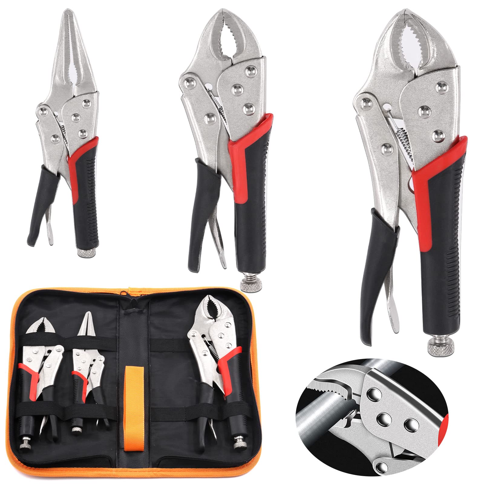 Swpeet 3Pcs 3 Sizes Chrome-vanadium Steel Locking Pliers Set with Storage Bag Assortment Kit, 6-1/2 Inch Straight Jaw, 7 Inch Curved Jaw and 10 Inch Curved Jaw Perfect for Home & Workshop Use
