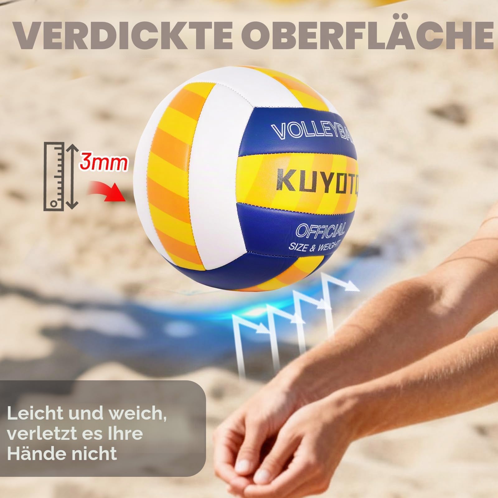 KUYOTQ Beachvolleyball - Strandvolleyball Offizielle Größe 5, mit Klassischen Streifen in Gelb, Blau & Weiß - Weiche 3mm Oberfläche für Indoor & Outdoor, Jugendliche und Erwachsene