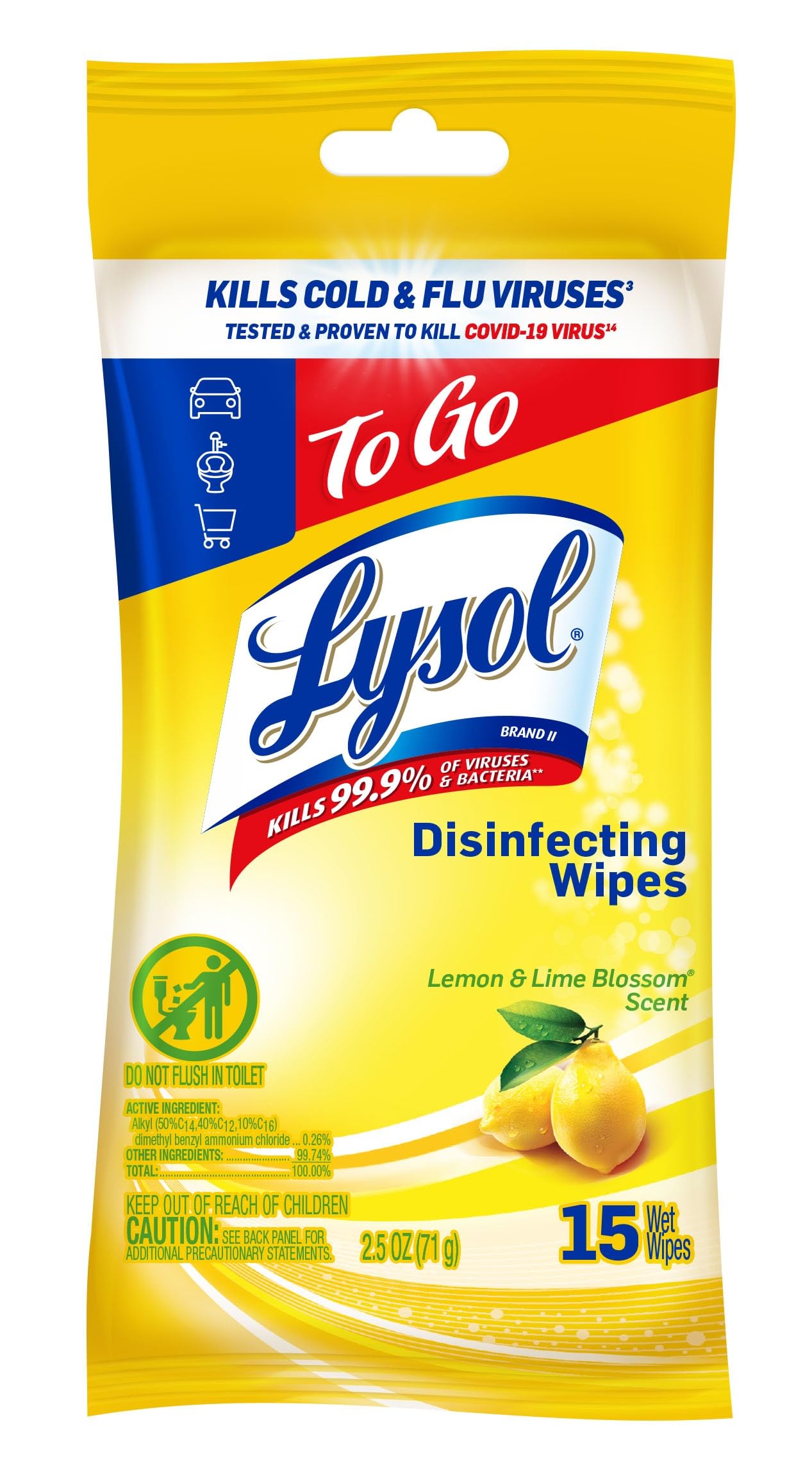 Lysol To Go Disinfectant Wipes, Travel Size Multi-Surface Antibacterial Cleaning Wipes, For On the Go Disinfecting and Cleaning, Lemon and Lime Blossom, 15ct
