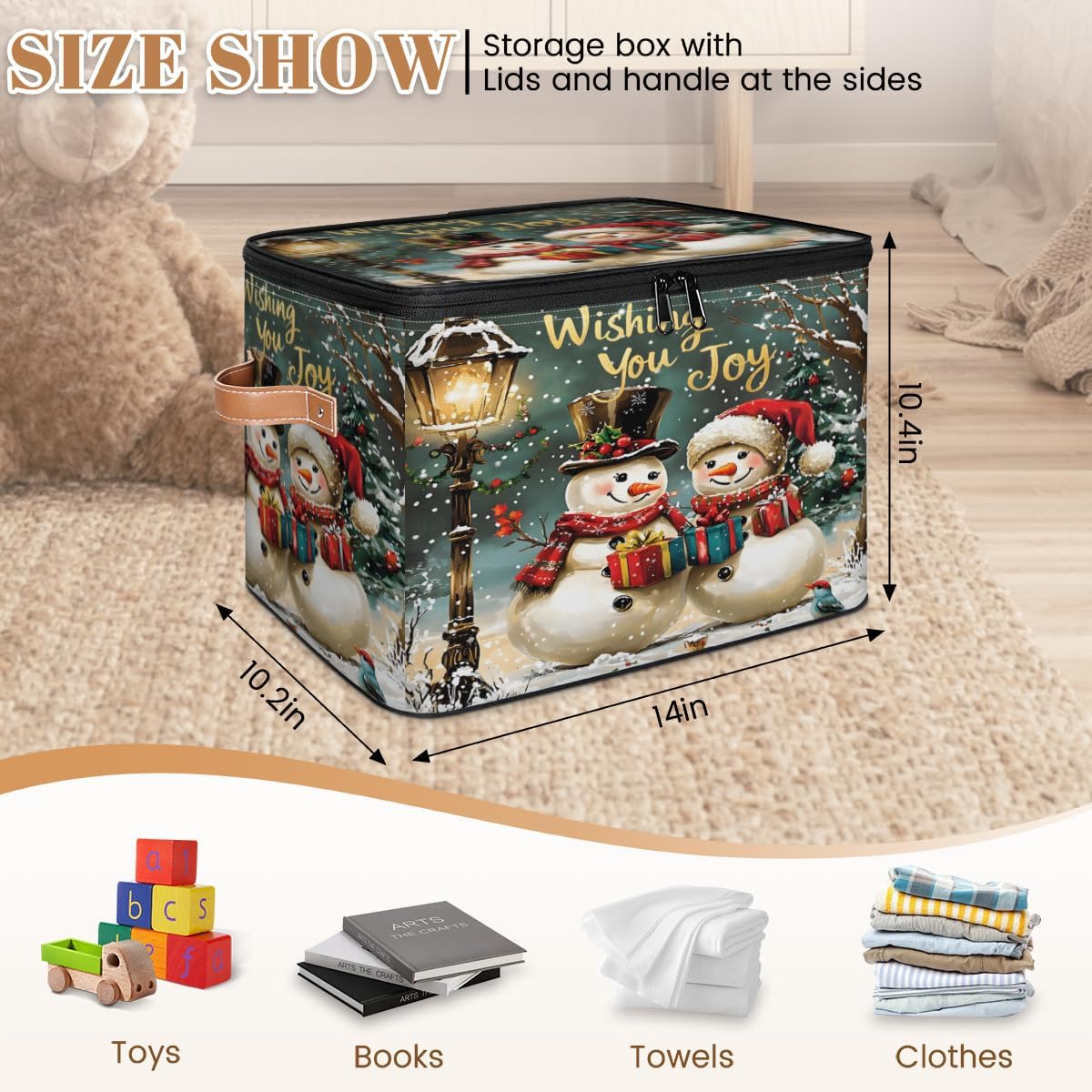 Storage Bin Set of 2 Winter Snowmen Storage Basket with Zipper Lid & Handle Foldable Closet Shelf 2 Pack Cloth Organizer Basket Cube Bins for Bedroom, Nursery