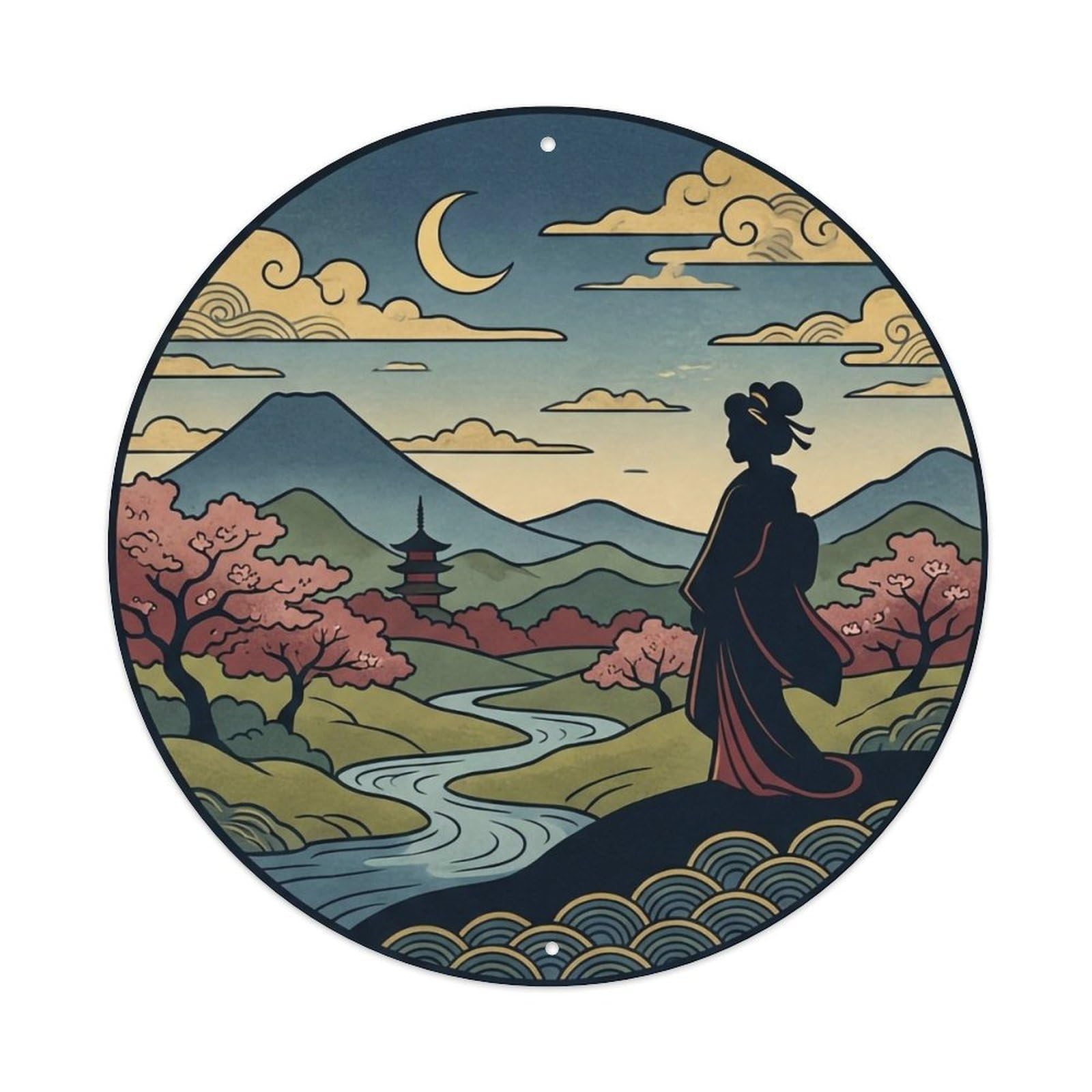 Japanese Geisha Side Silhouette Distance Scenery Metal Tin Sign
