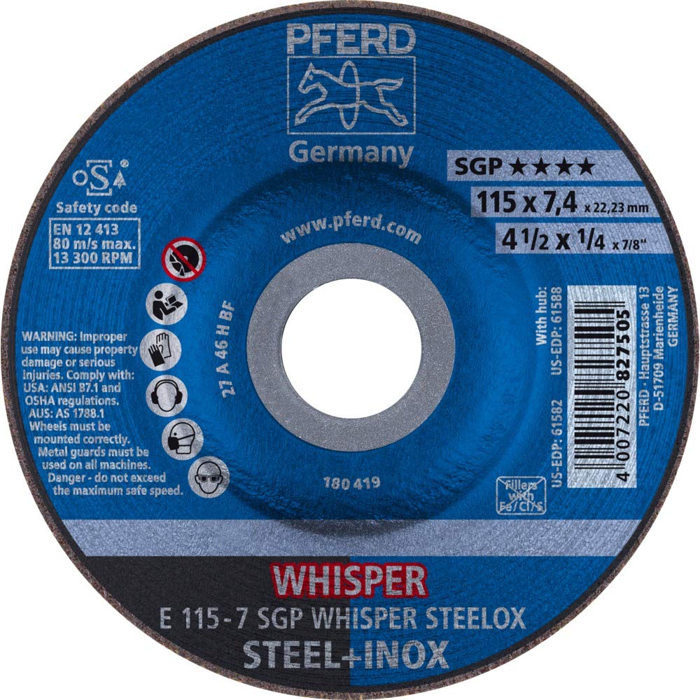 10 discos de desbaste PFERD E 115-7 SGP WHISPER STEELOX. 62211848