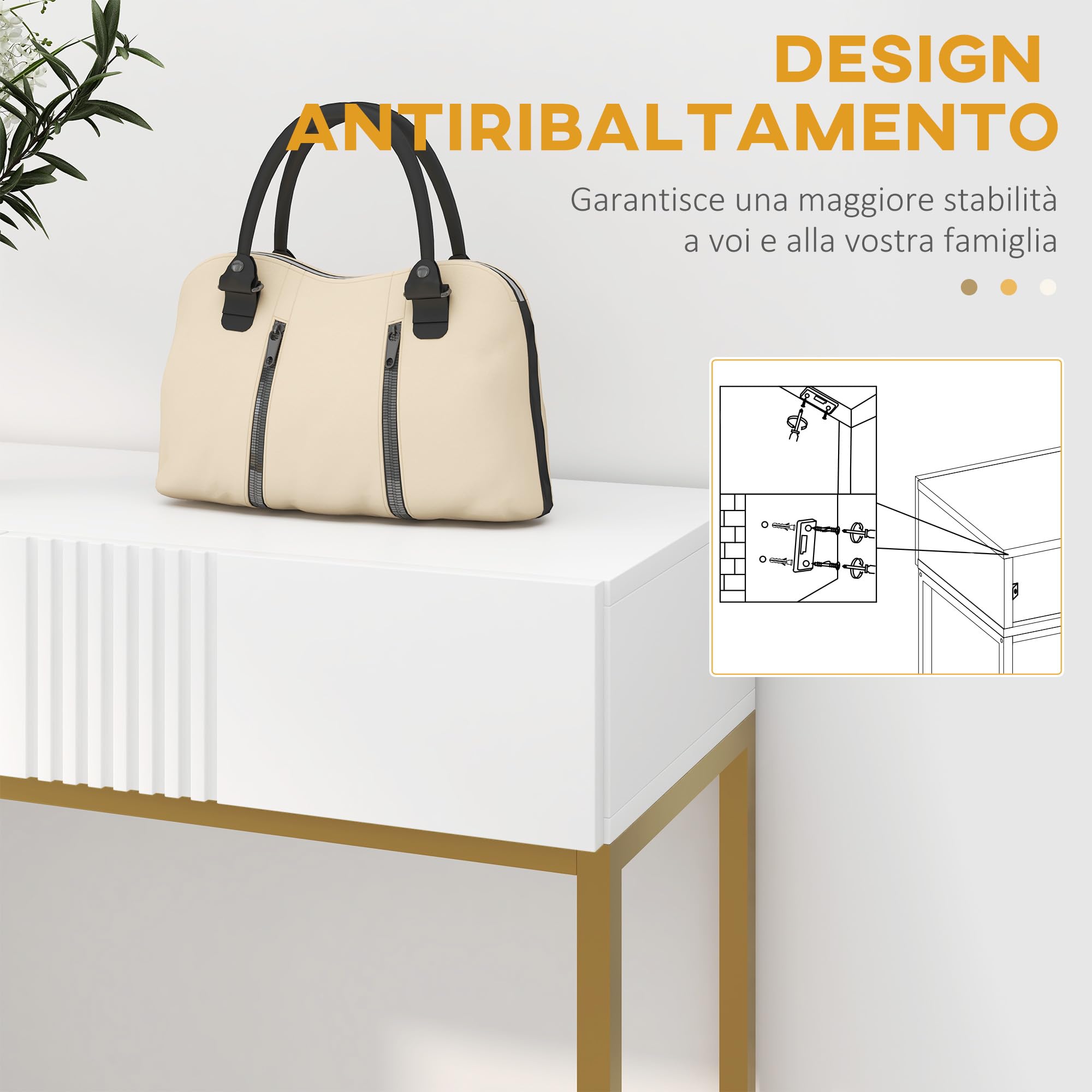 HOMCOM Consolle da Ingresso con 2 Cassetti 80x31.5x75cm Bianco | Tavolo Consolle, Gambe Dorate, per Soggiorno e Salotto