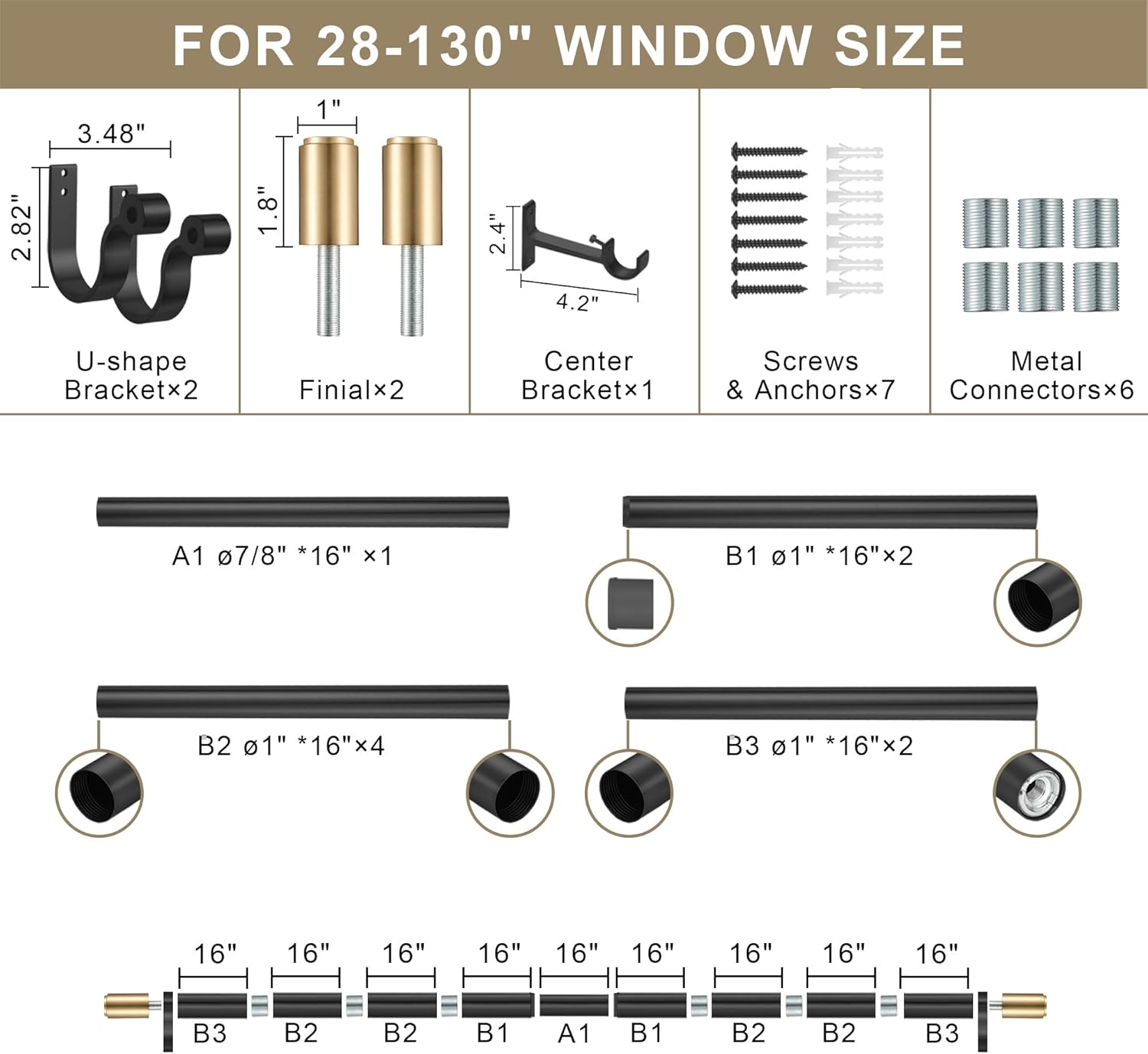 Curtain Rods for 28-130” Windows, Splicing Construction, 1” Adjustable Drapery Rod with Aluminum Alloy Brackets and Finials for Window, Sliding Door, Patio, Living Room Decoration, Matte Black&Gold