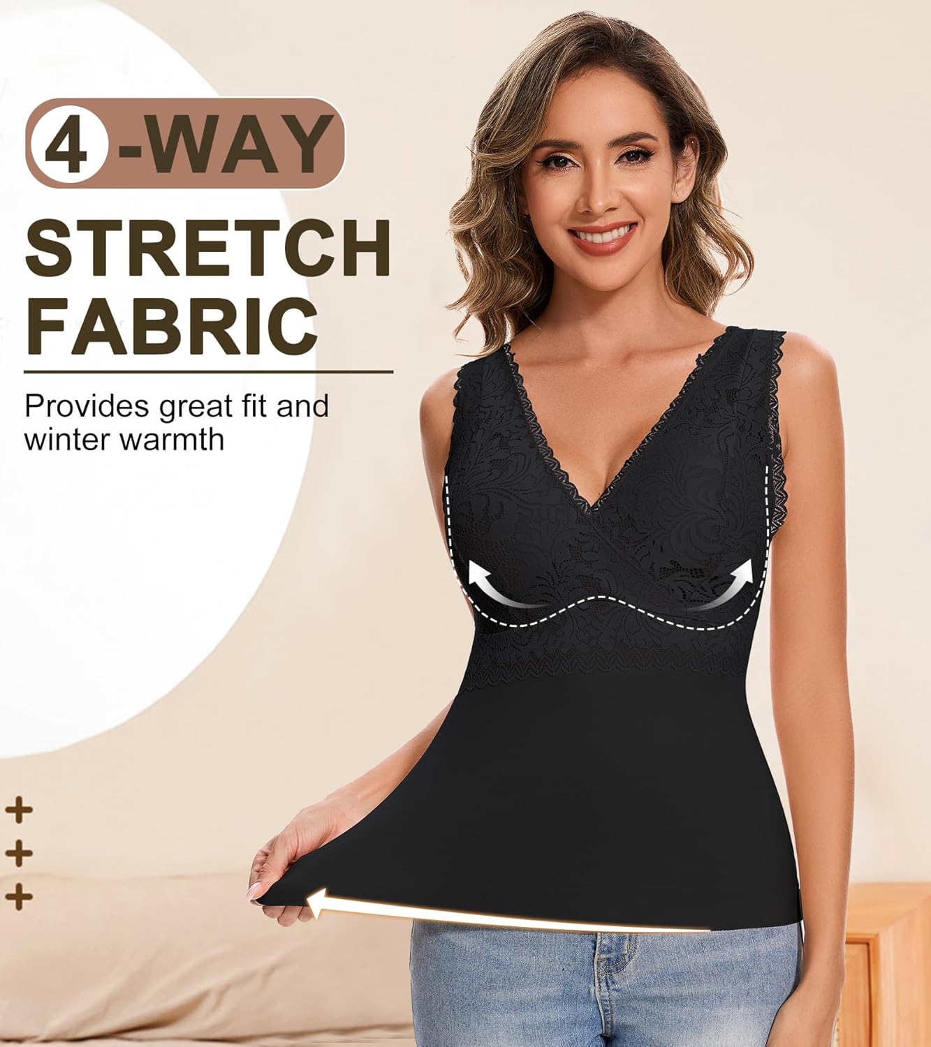 Slimming Tank Top for Women V Neck Lace Camisole Tops with Built in Bra Cami Vest Base Layer - Image 4