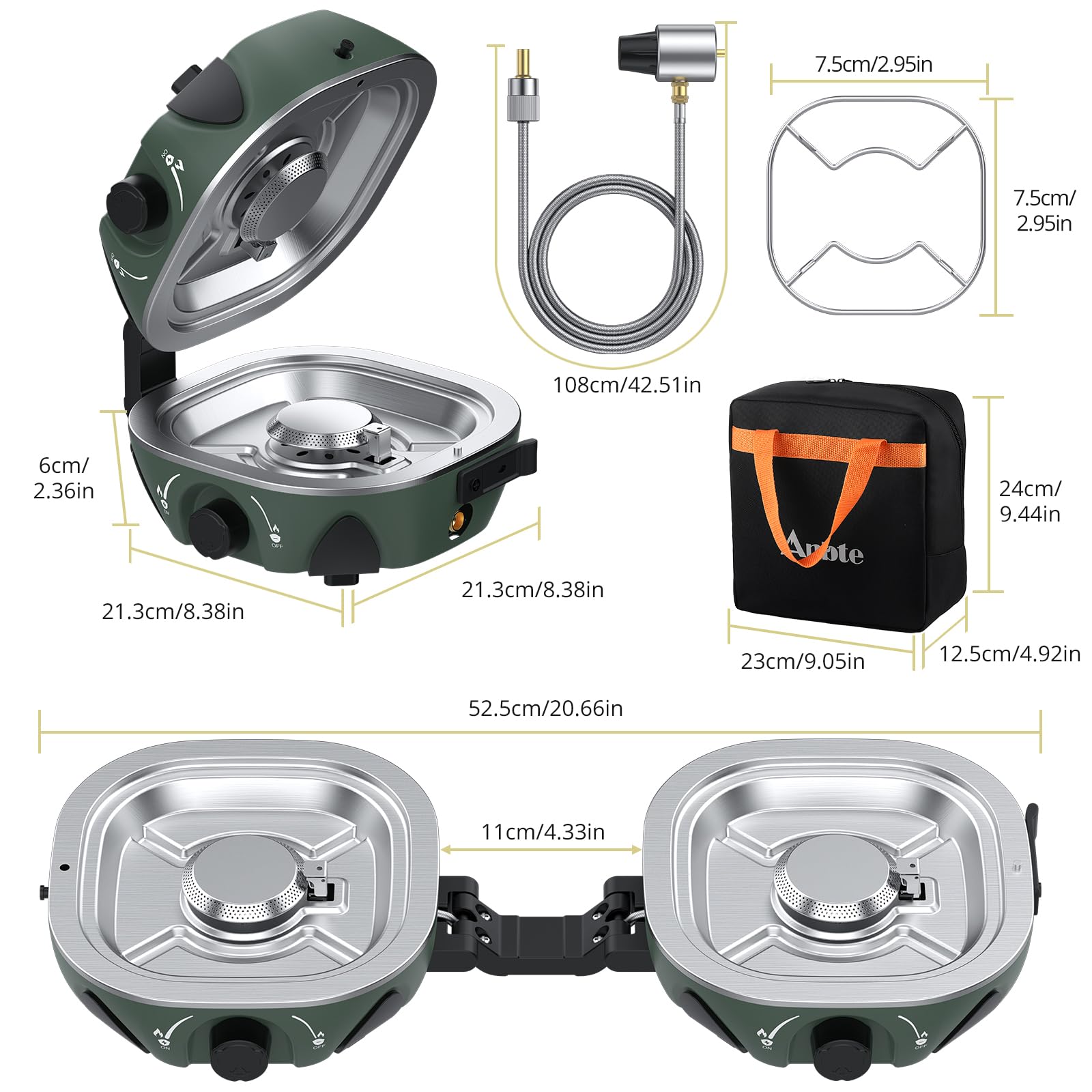 Anbte Hornillo de Camping de 2 Fuegos,2x3 kW, Cocina Portátil de Gas | Quemadores Ajustables, Plegable y Ligero, para Acampadas, Cocina al Aire Libre y Situaciones de Emergencia