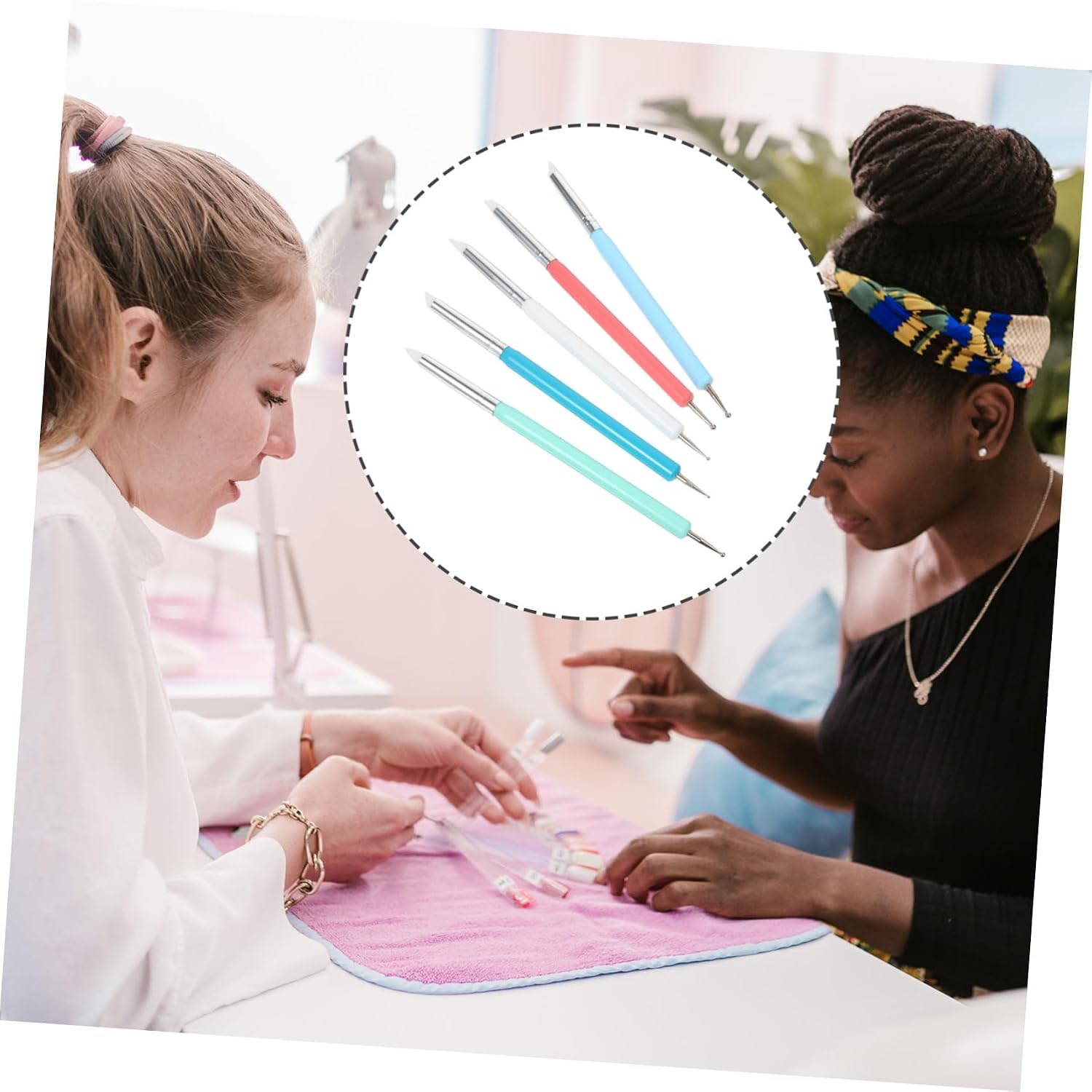 5pcs Nail Art Dotting Pens Set with Dual-ended Silicone Brushes Multi-color Manicure Tools for Precise Nail Design and Gem Placement Suitable for Professional