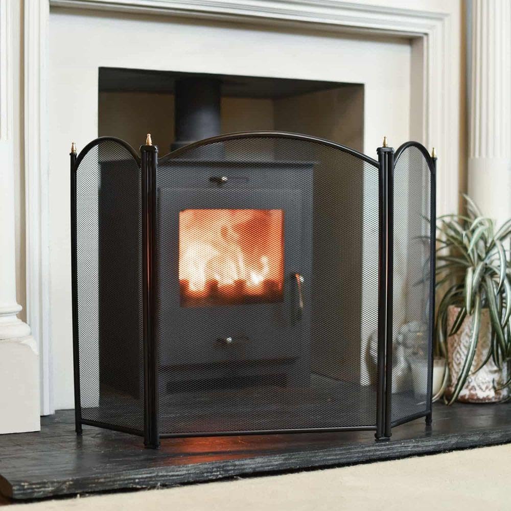 Black Country Metal Works Black Paignton Traditional Three Fold Fireguard Fire Screen – Classic Style Mesh Guard For Log Burners & Open Fires – Spark & Debris Protection