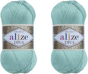Alize Diva Hand Knitting Yarn - 100% Microfiber Acrylic With Silk Effect - Crochet Art Lace Craft - 2 Skeins, 200gr, 767 Yds 463-Light Aqua