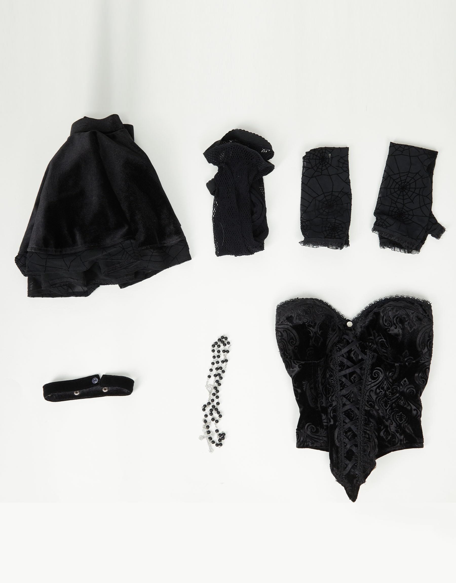 MEOWCOS Corset Top Skirt Set Gothic Halloween Casual Party Dress Lace-up Top Skirt with Net Stockings and Sleeves