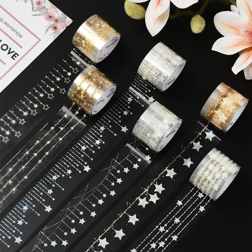 Pack De 6 Rollos De Cinta Adhesiva Decorativa De Estrellas - PET Transparente, 2m X 3cm Cada Uno | Para Scrapbooking, Diarios, Regalos Y Manualidades