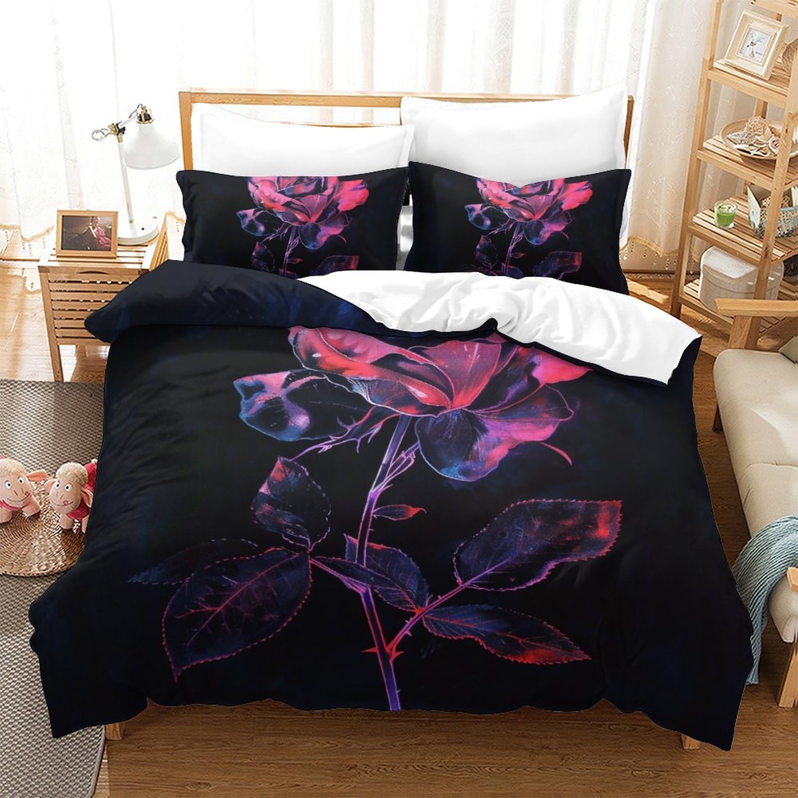 Parure de lit roses 3D pour enfants : housse de couette double 200x200cm et taies en microfibre